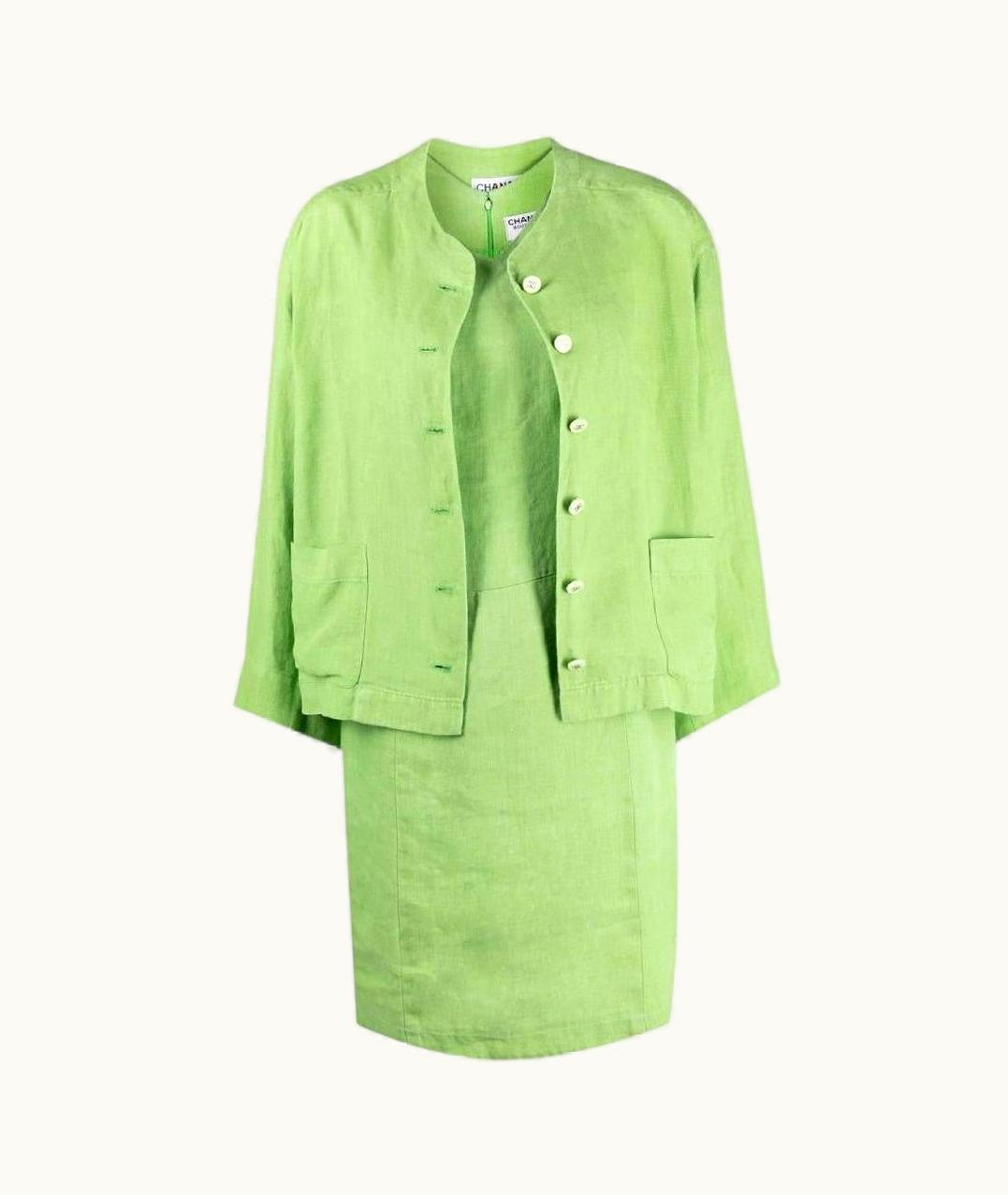 Chanel Chanel Vintage 90s Apple Green Linen Jacket And Dress Suit
