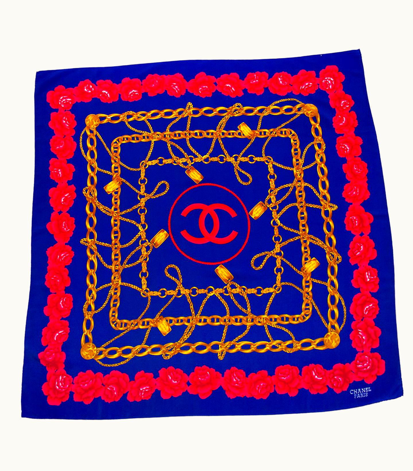 Chanel 1990s Chanel Blue Silk Scarf With Flower And Chain Details