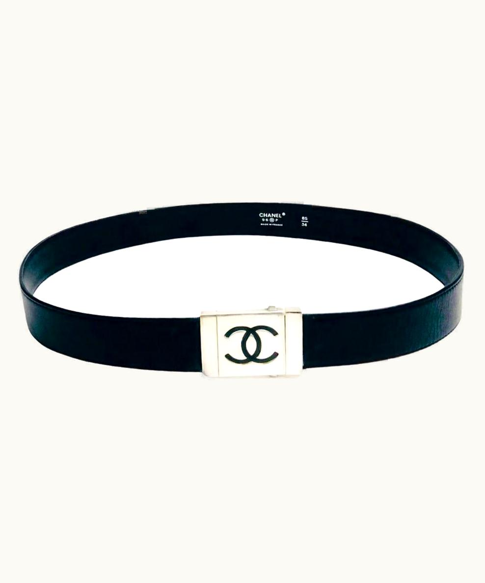 Chanel Chanel Black Leather In Silver Hardware Cc Logo Buckle Belt