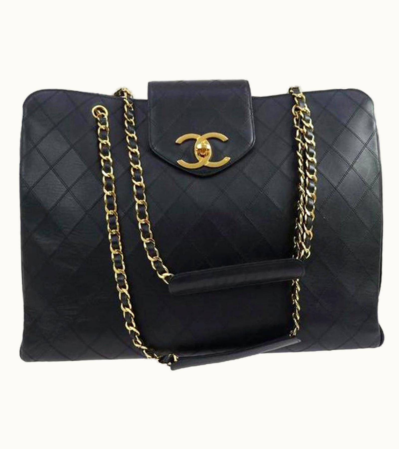 Chanel Chanel Vintage Quilted Lambskin Xl Weekend Travel Overnight Business Bag Black