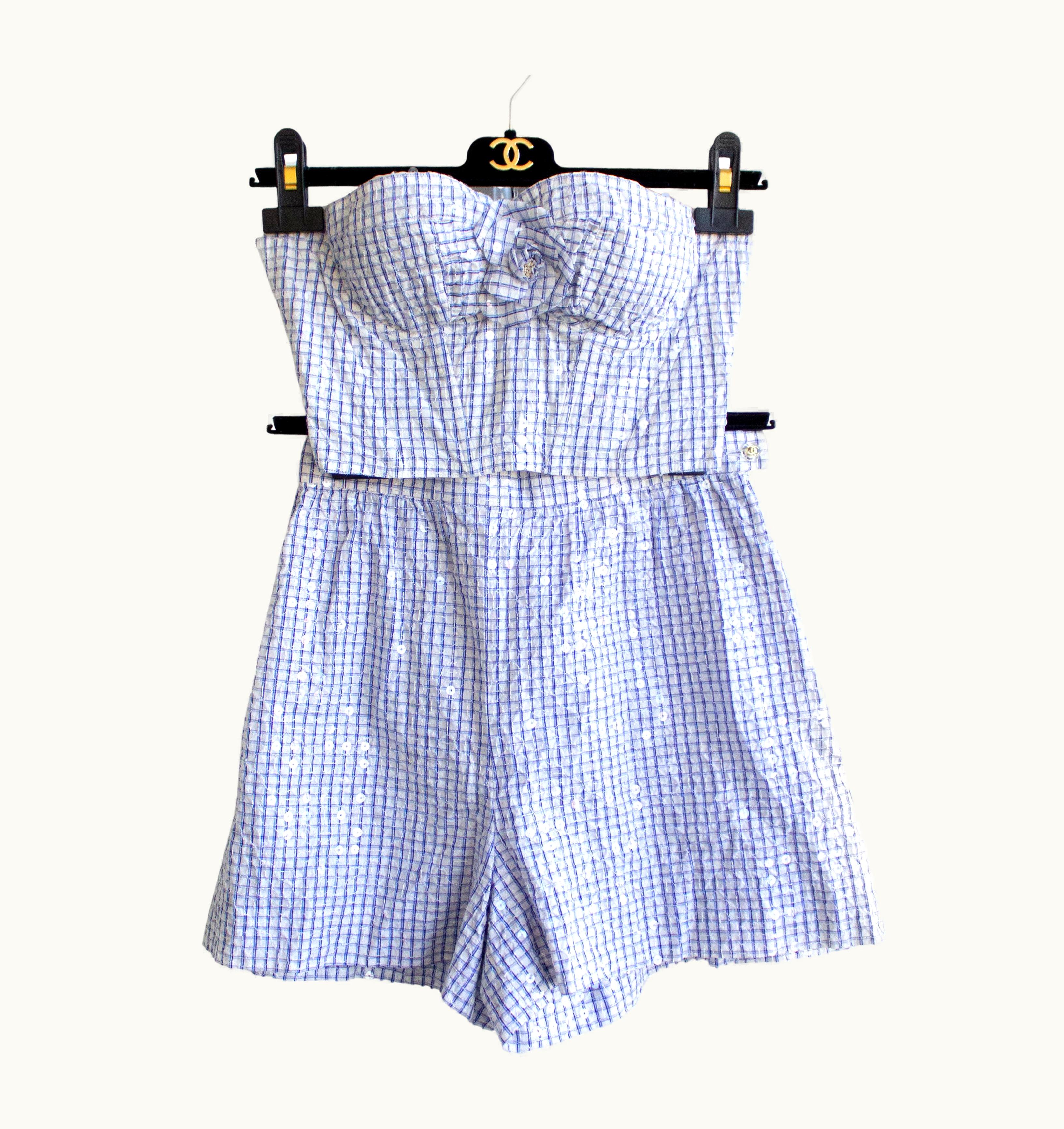 Chanel Chanel Vintage Cruise 1995 Blue Gingham Bustier Shorts Camellia Brooch 95c Set