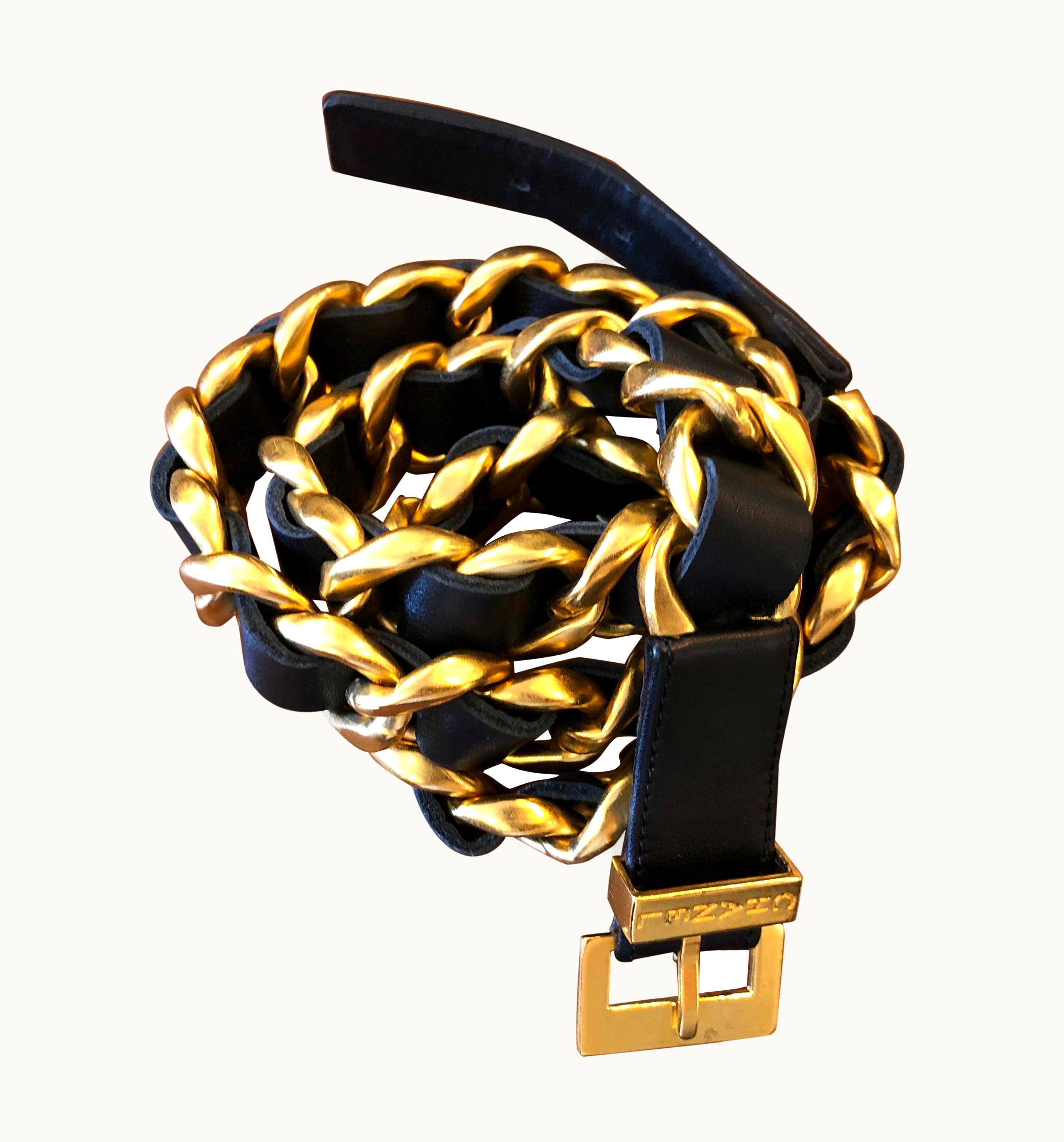 Chanel 1990s Vintage Chanel Gold Toned Leather Chain Belt Black Gold