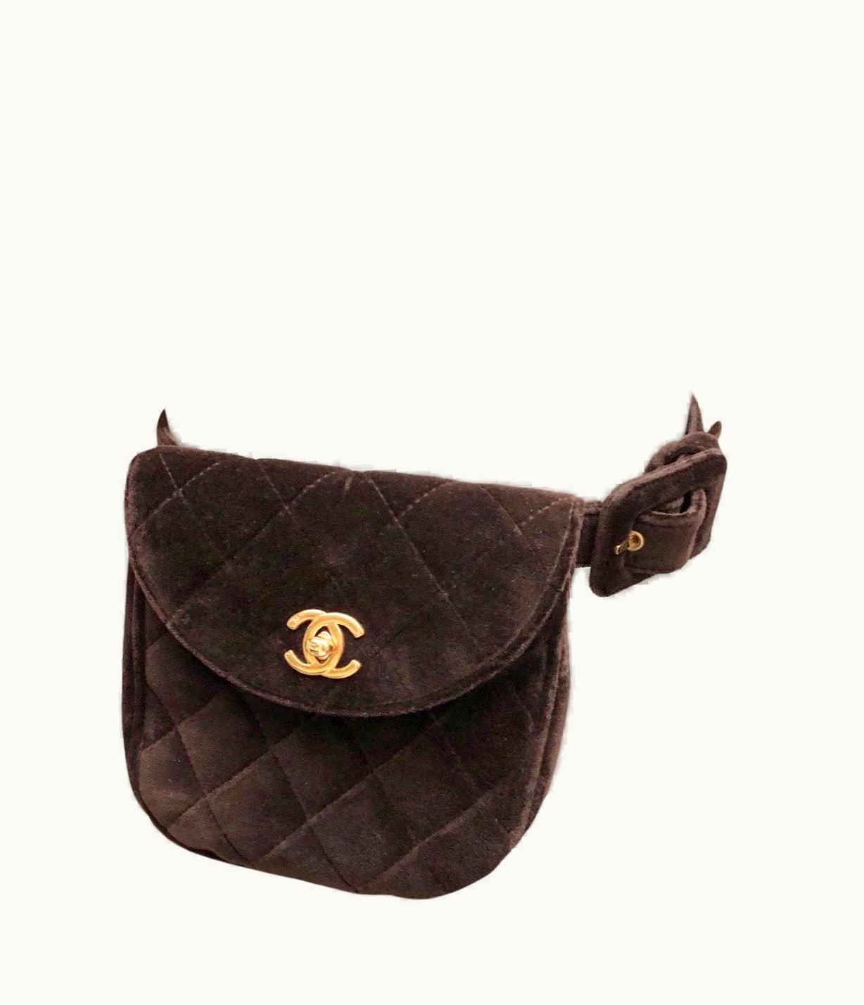 Chanel Chanel Brown Quilted Velvet Gold Cc Turn-Lock Belt Bag
