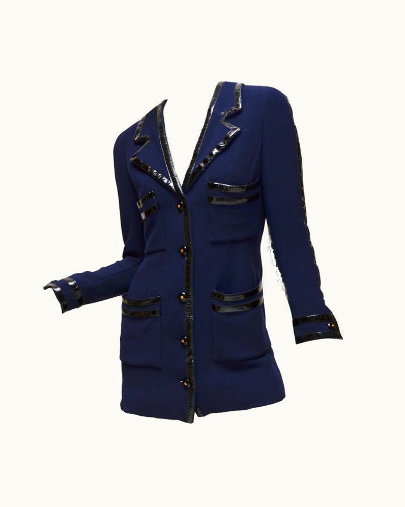 Chanel Chanel Black Vinyl Trimmed Navy Blue Jacket