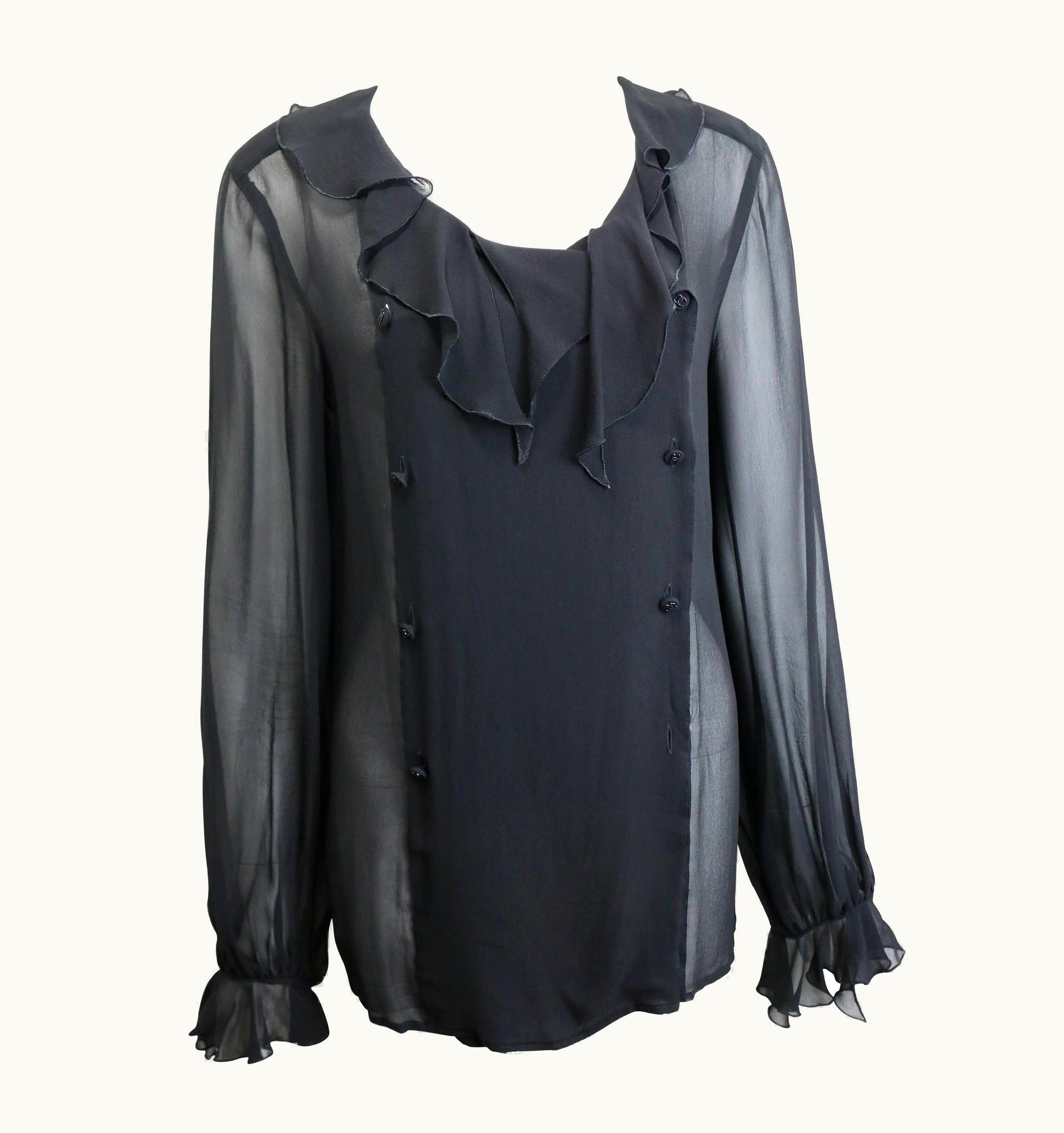 Chanel 97 Chanel Black Silk Lace Double Breasted Ruffle Blouse