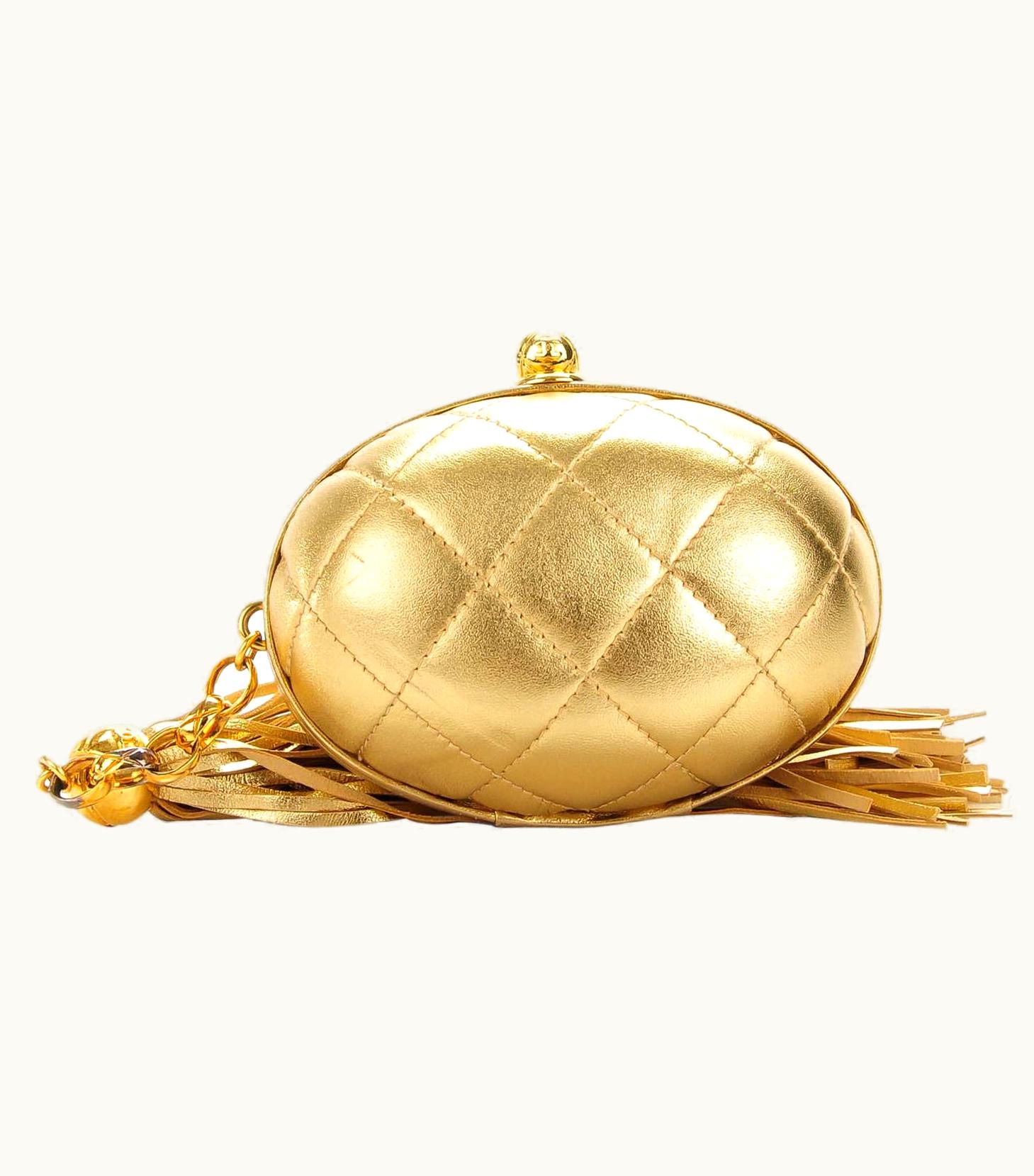 Chanel Chanel Vintage Metallic Gold Egg Minauderè Diamond Quilted Red Carpet Clutch