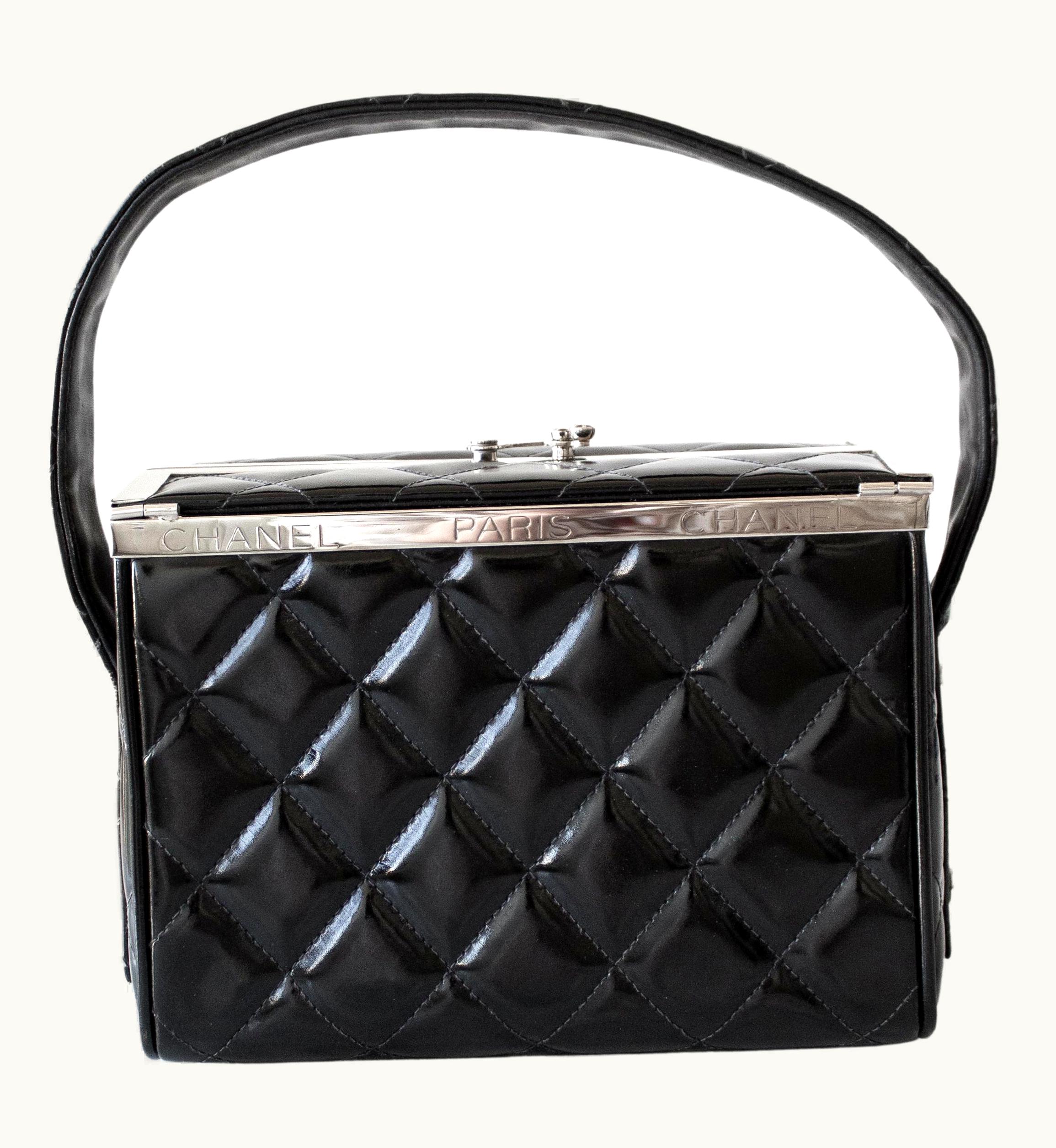 Chanel Chanel Vintage Spring 1996 Black Silver Quilted Patent Leather Vanity Box Bag