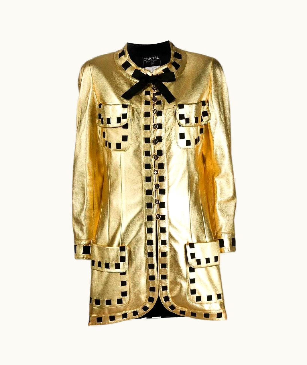 Chanel 90s Chanel Vintage Gold-tone Leather Jacket Hemmed With Black Details