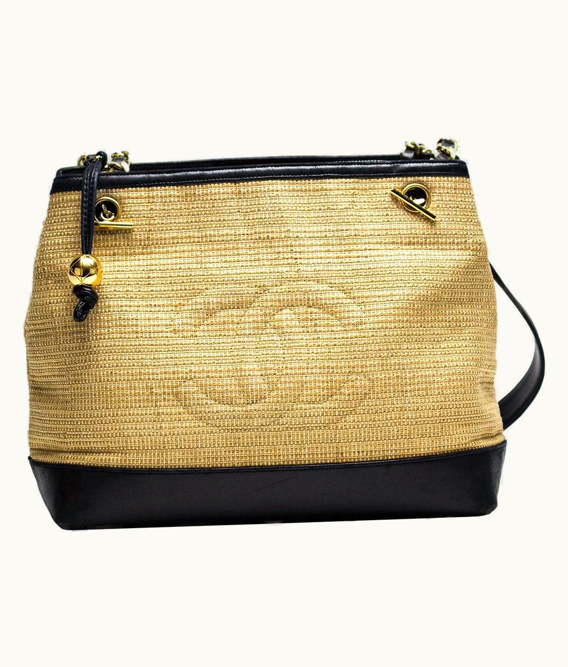 Chanel Chanel Vintage 90' Biege Woven Straw & Lambskin Leather Tote