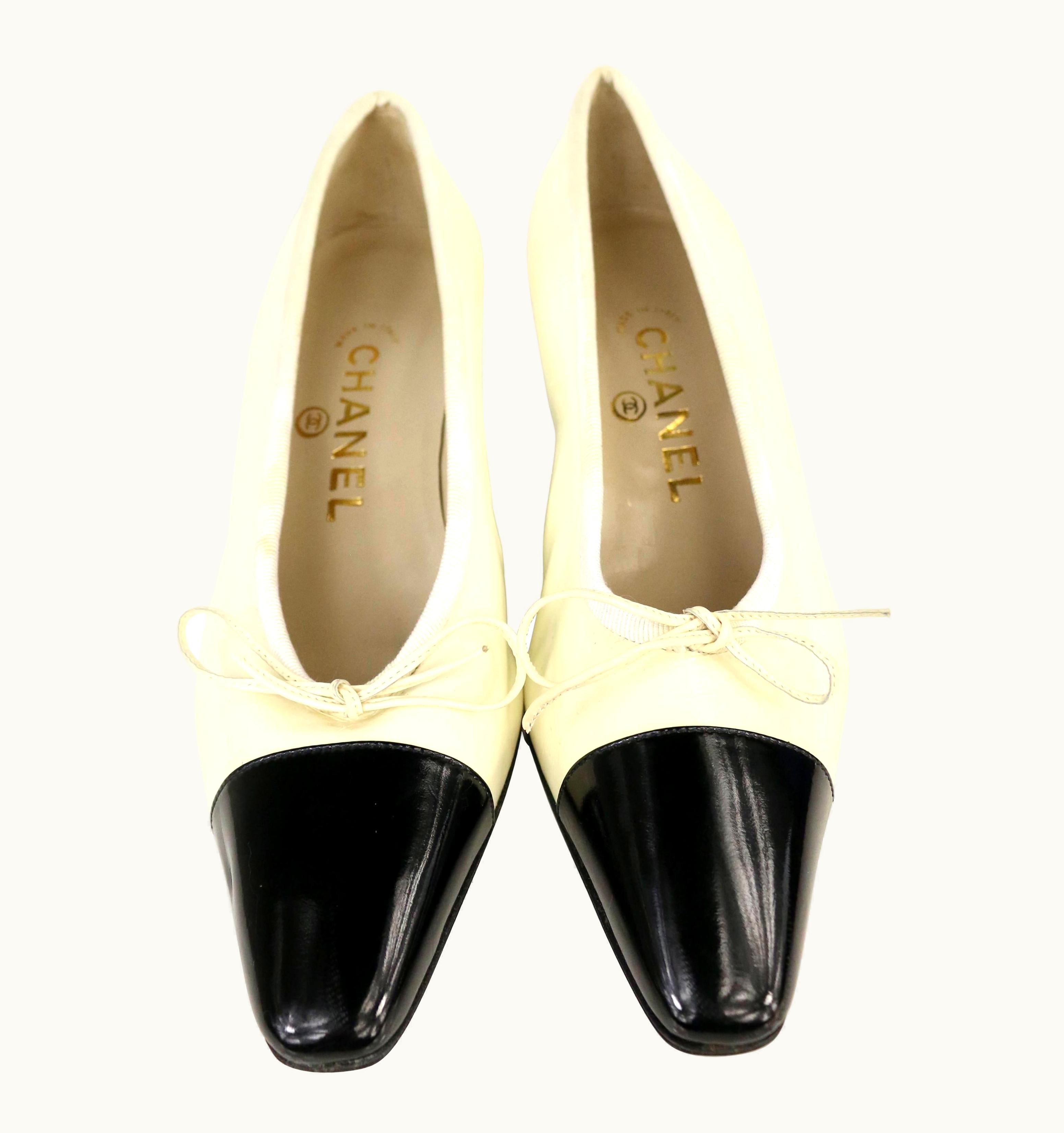 Chanel Chanel Black And White Patent Leather With Tied Ribbon Shoes