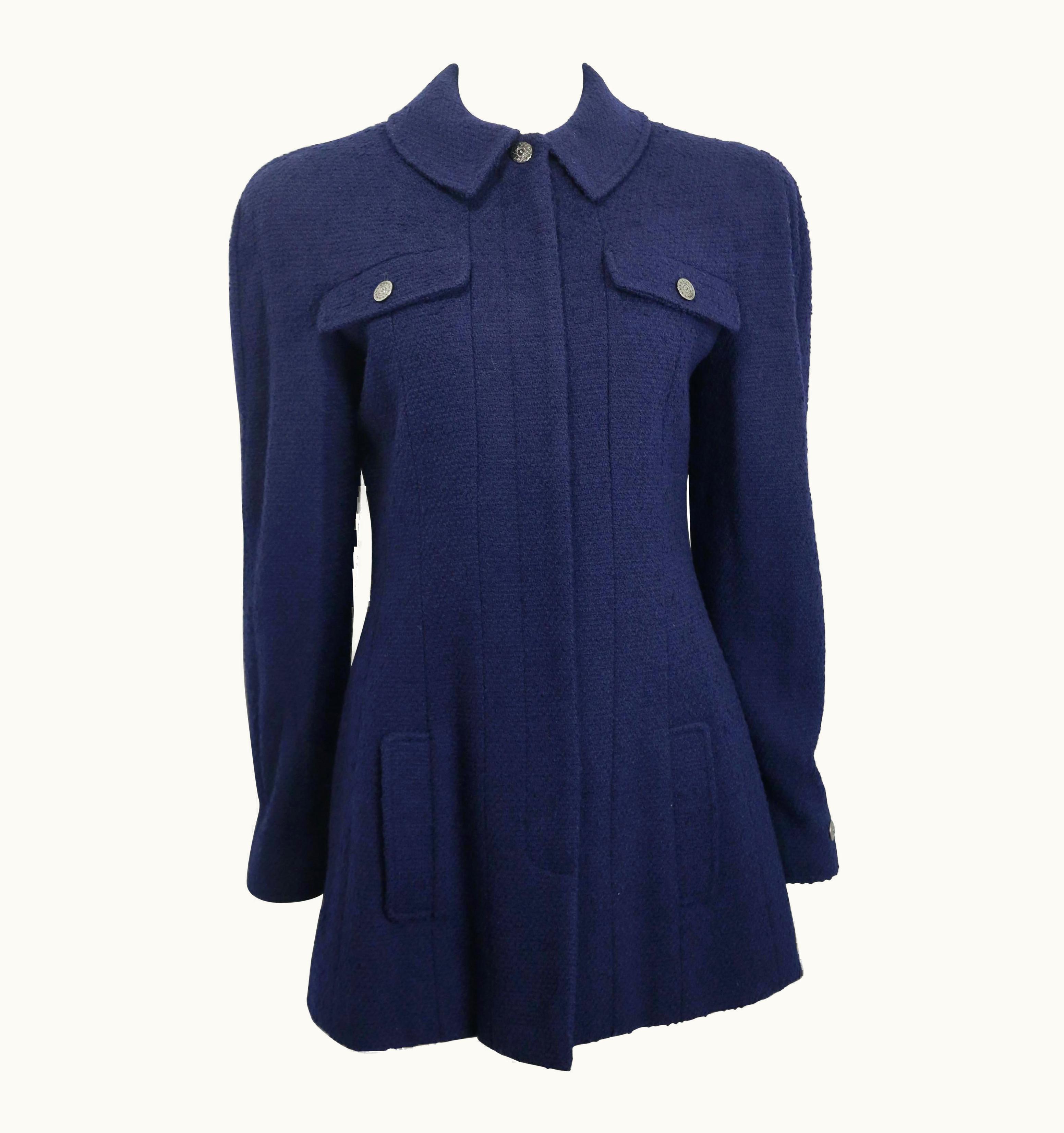Chanel Unworn Vintage Fall 1998 Chanel Dark Navy Boucle Wool Jacket