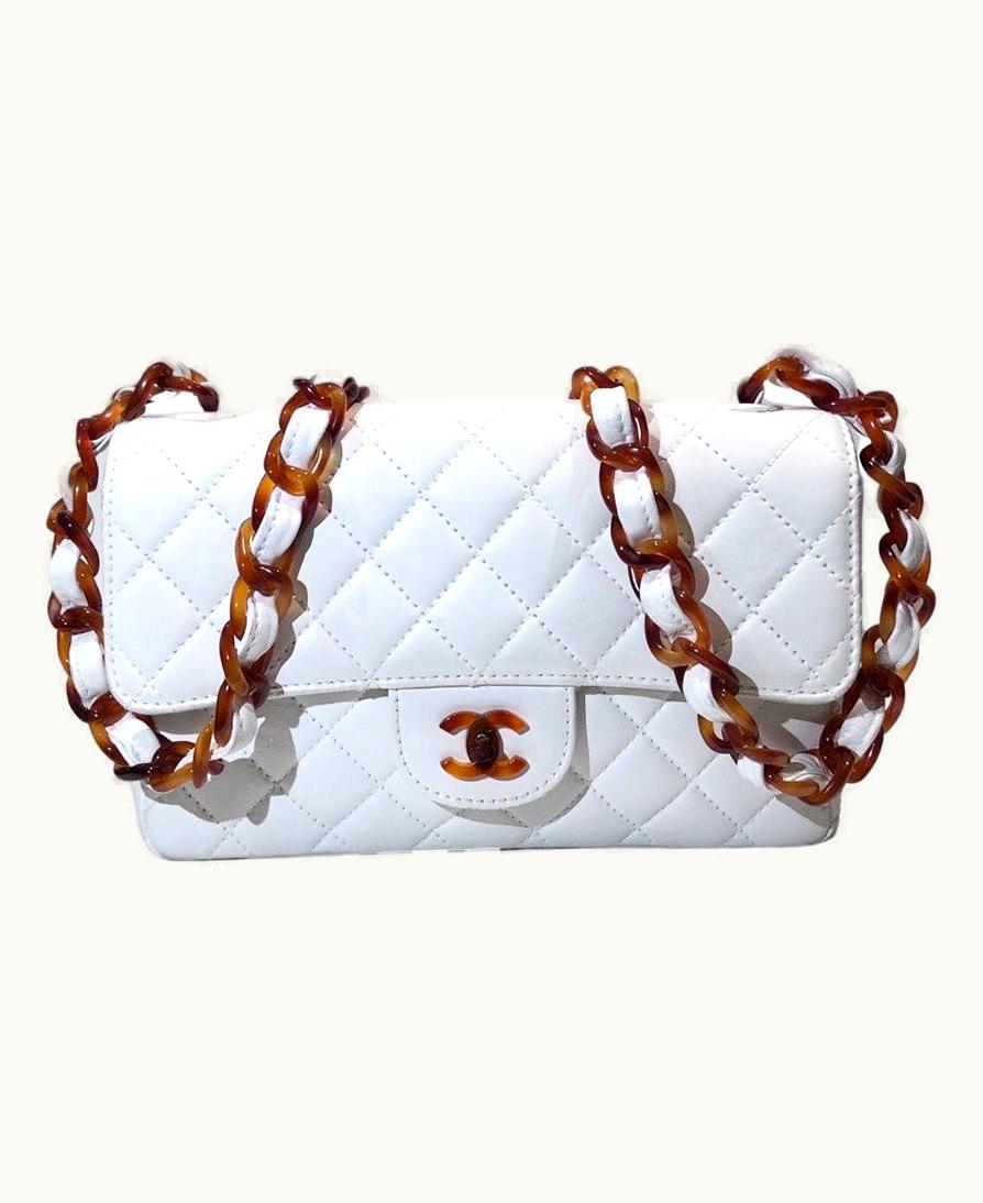 Chanel Vintage Chanel White Quilted Lambskin Classic Flap Tortoiseshell Shoulder Bag