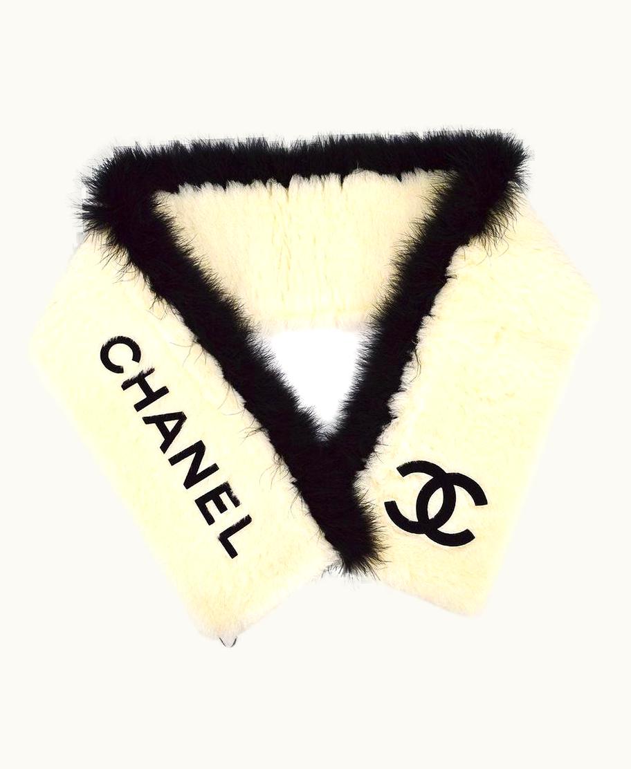 Chanel Chanel Ivory Black Cc Logo Fur Cotton Wool Blend Scarf