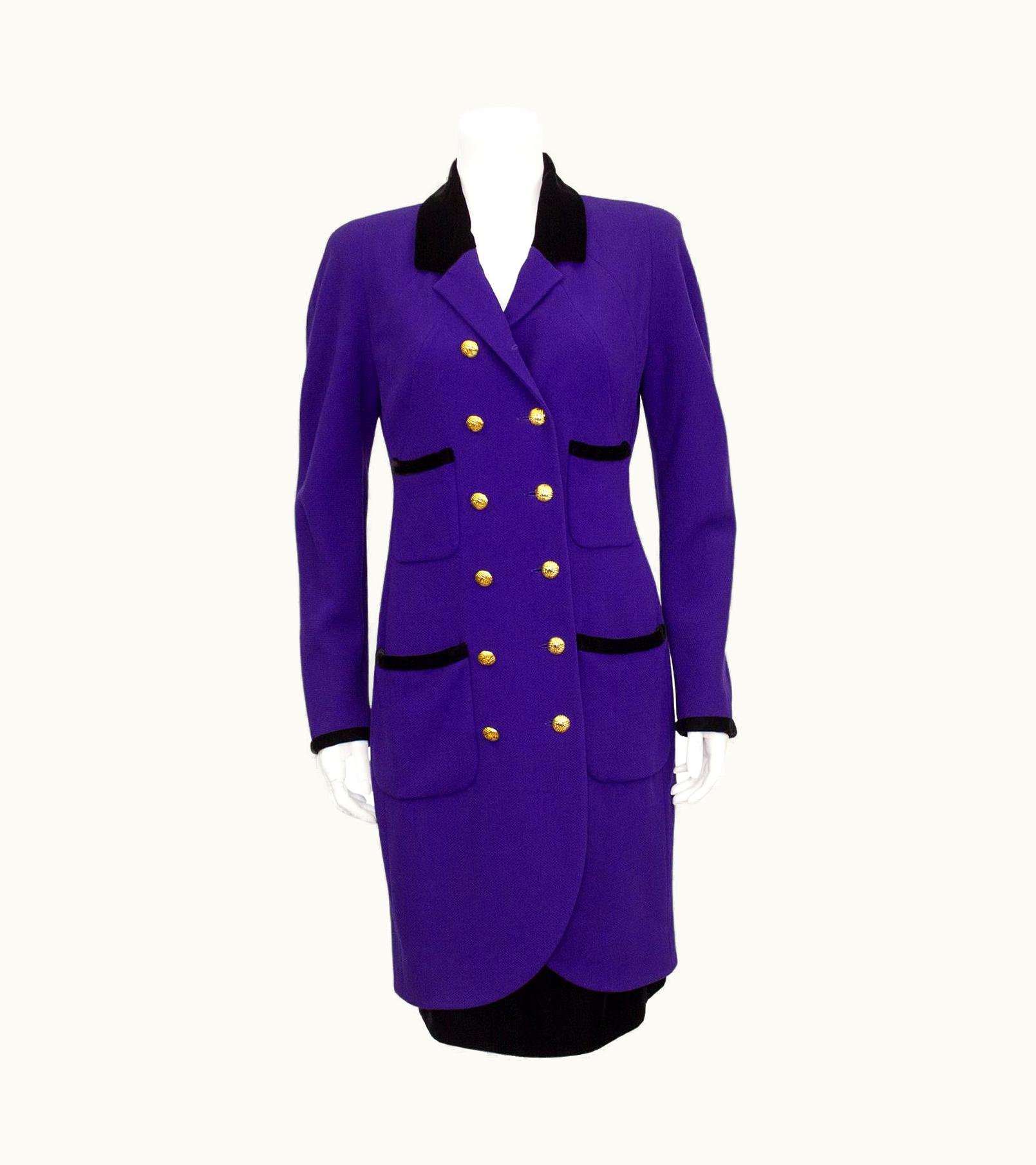 Chanel 1990s Chanel Purple And Black Velvet Coat Dress And Skirt Ensemble