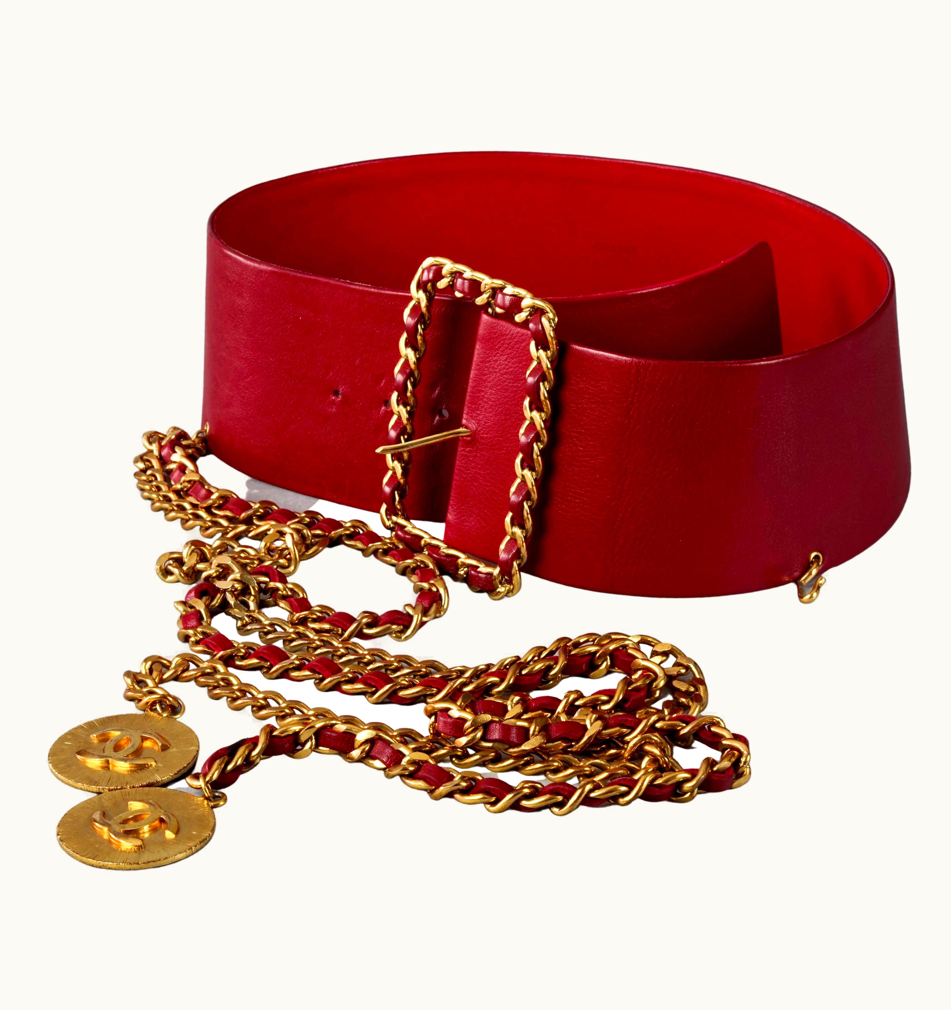 Chanel Vintage Chanel Claudia Schiffer Wide Long Chain Medallion Red Leather Belt