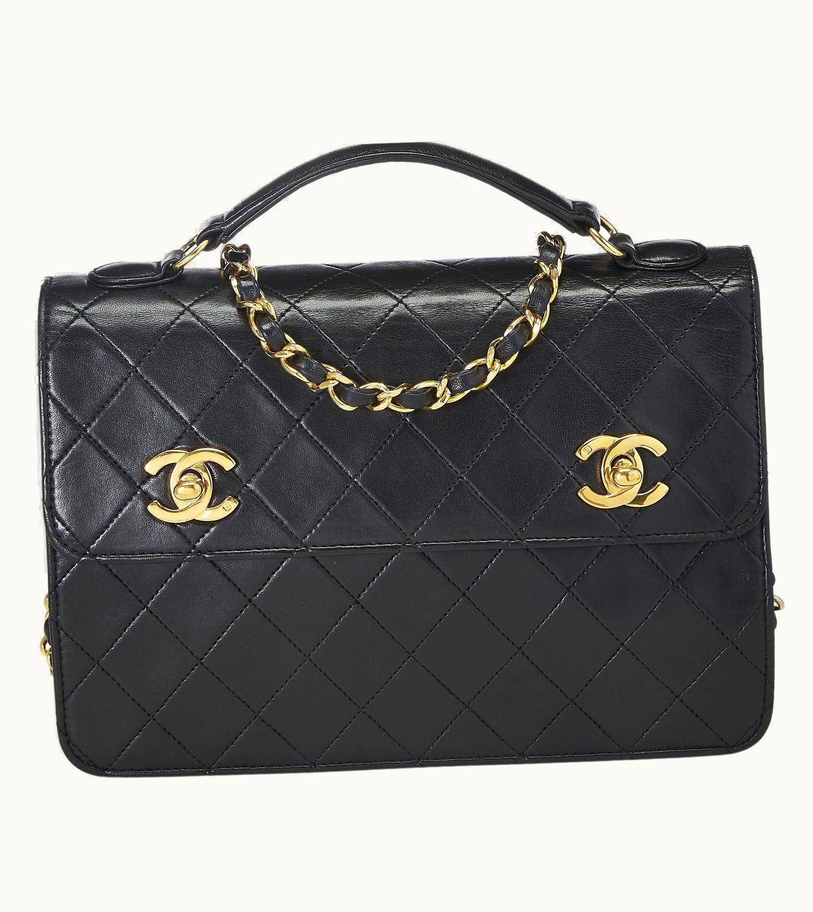 Chanel Chanel Vintage Rare Black Quilted Lambskin 2 Turnlock Small Crossbody Briefcase