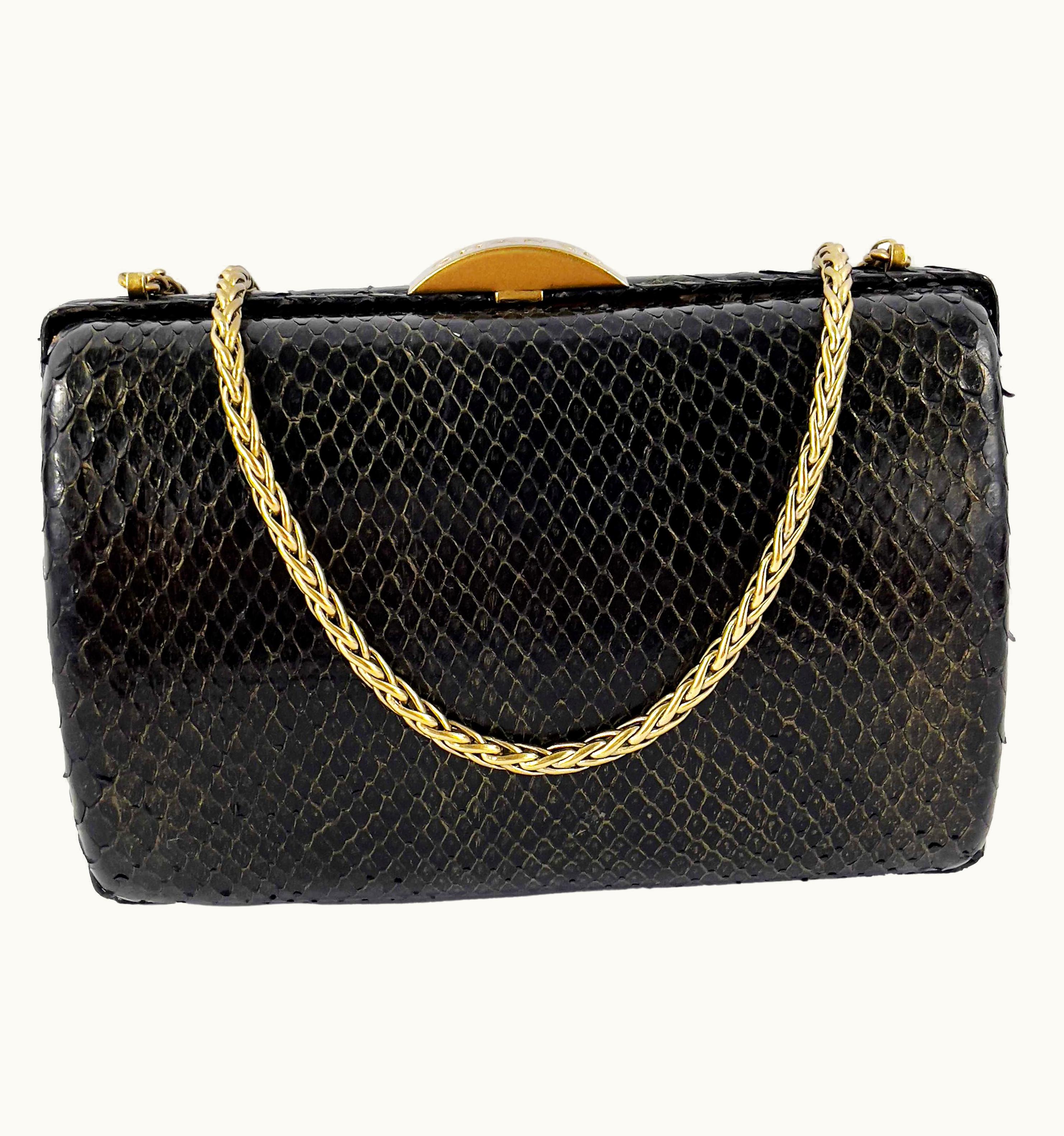Chanel Chanel Vtg 1990s Black Snakeskin Crossbody Minaudiere Clutch Stamped Closure