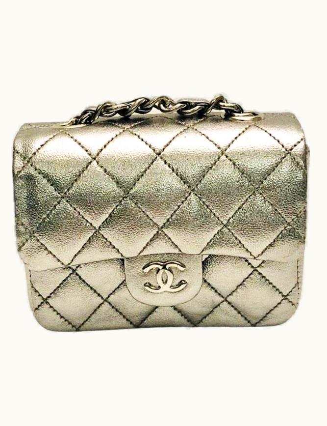 Chanel Unused Chanel Silver Metallic Leather Micro Mini Chain Belt Bag