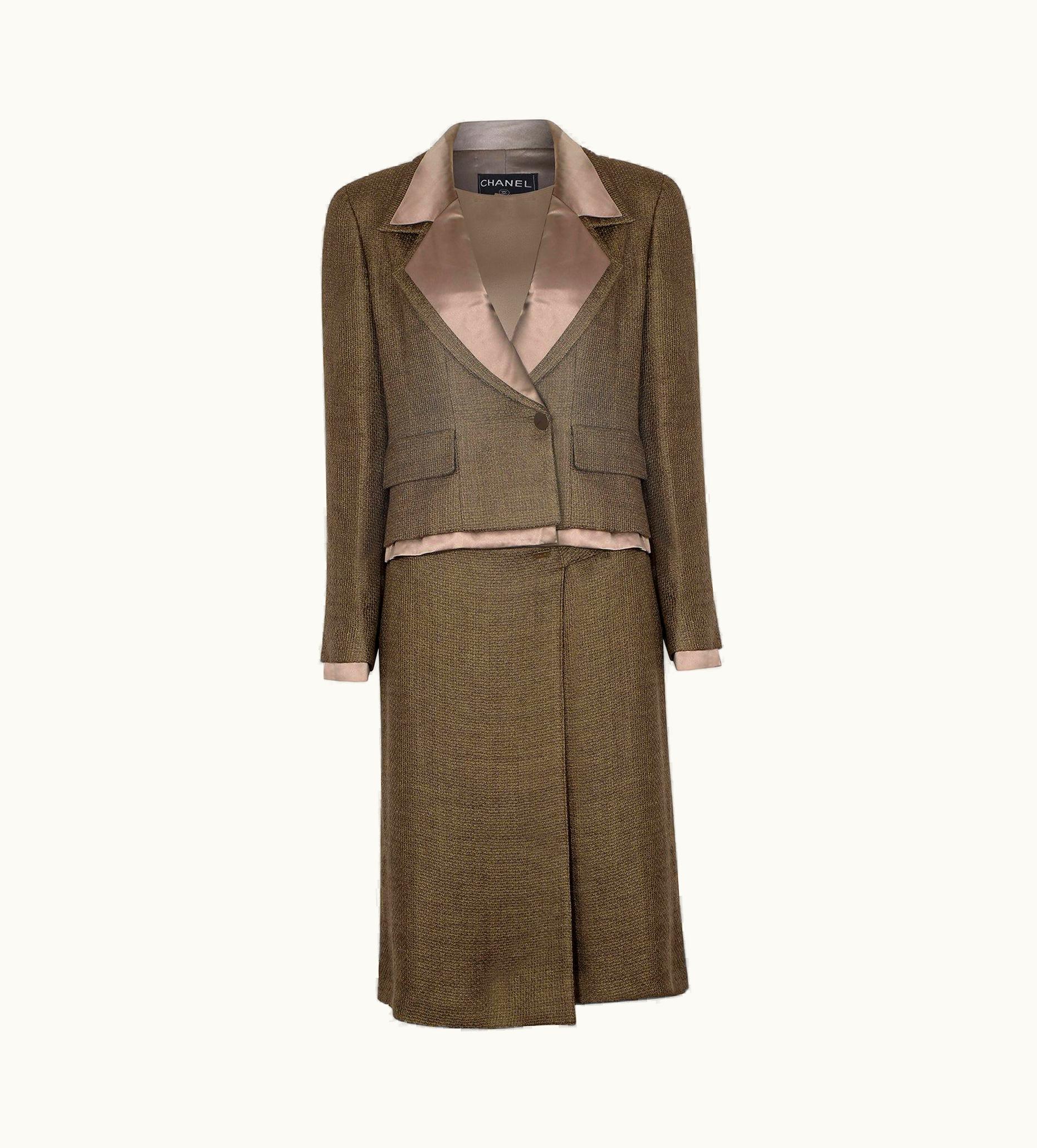 Chanel 1990s Chanel Green Brown Tweed And Silk Three Piece Suit