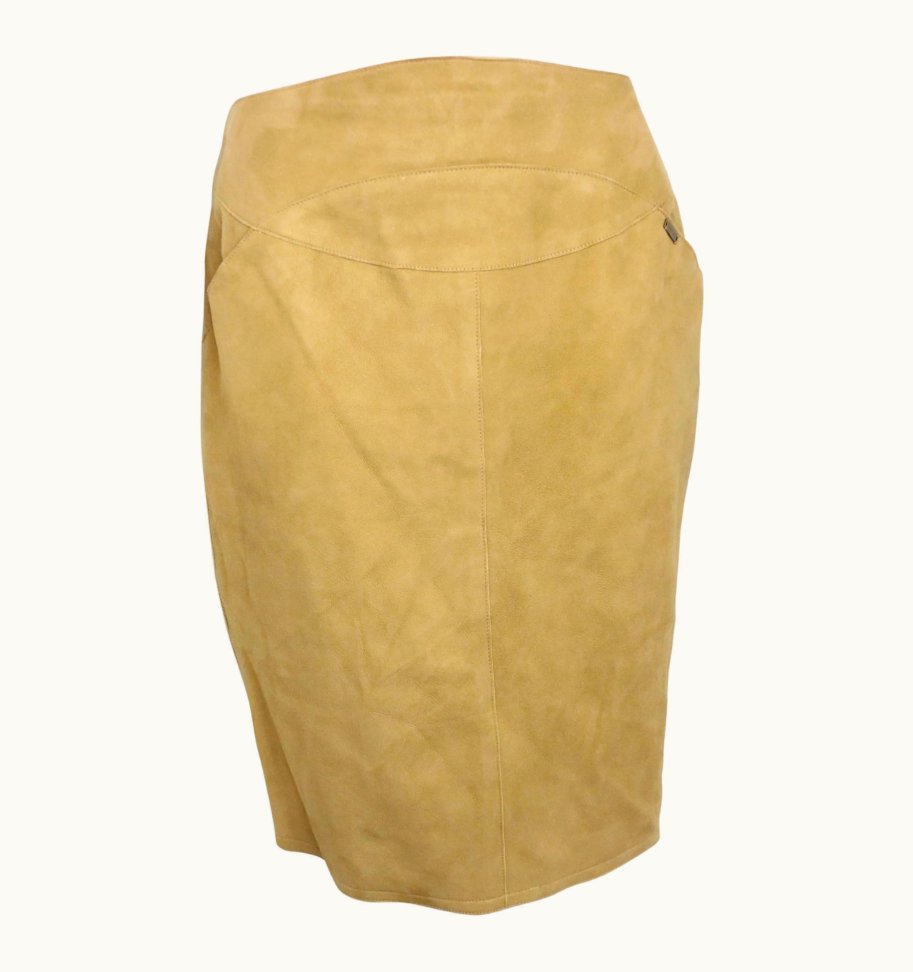 Chanel 1999 Chanel Beige Suede Lambskin Leather Knee Length Pencil Skirt
