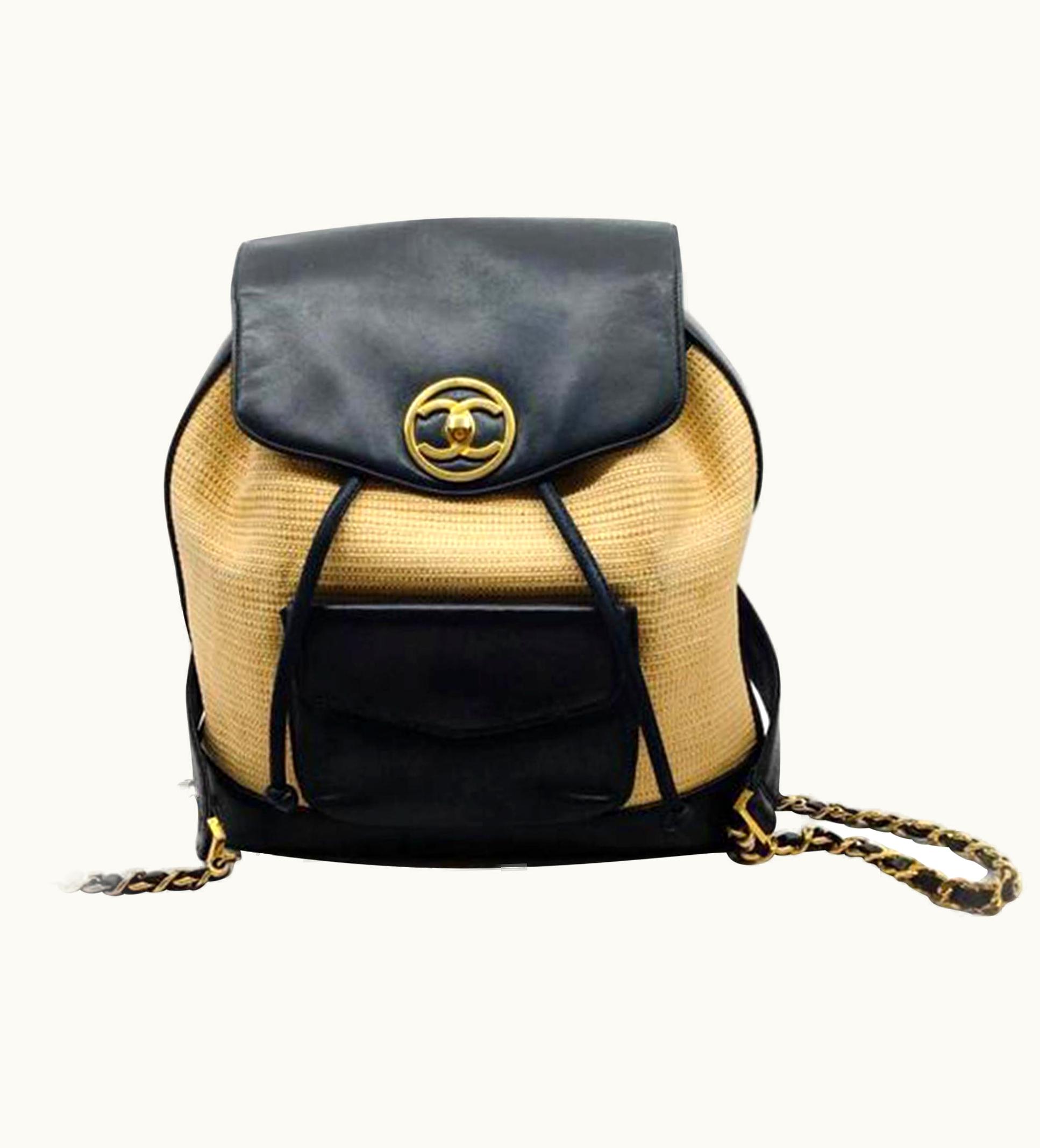 Chanel Chanel Rare 90s Vintage Natural Rattan Raffia Rare Black Leather Backpack