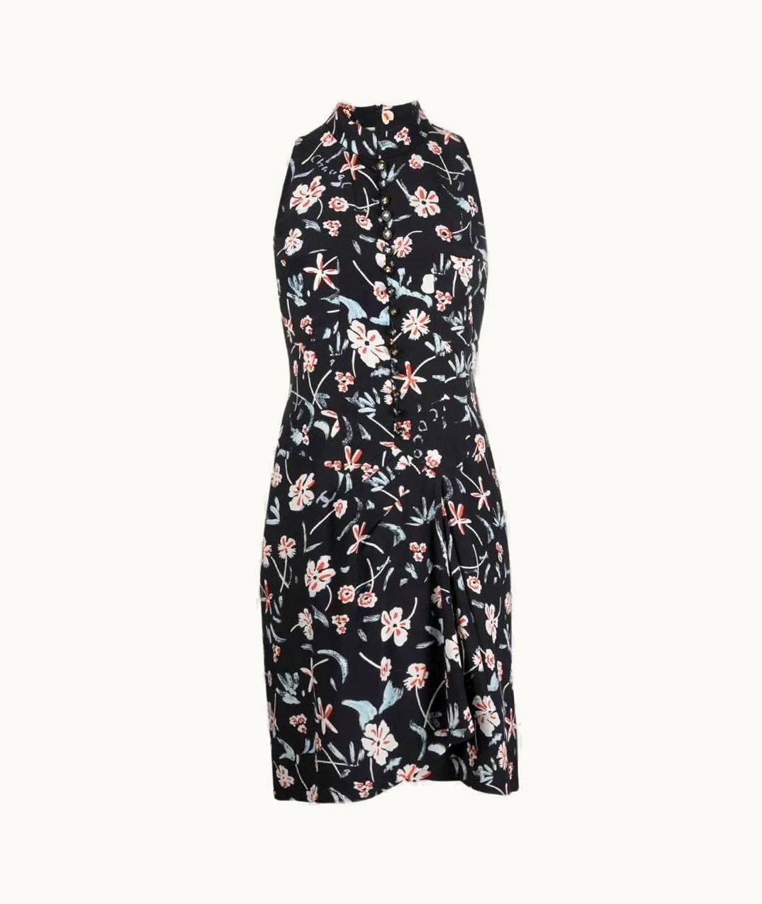 Chanel 90s Chanel Vintage Black Silk Midi Sleeveless Dress With Floreal Prints