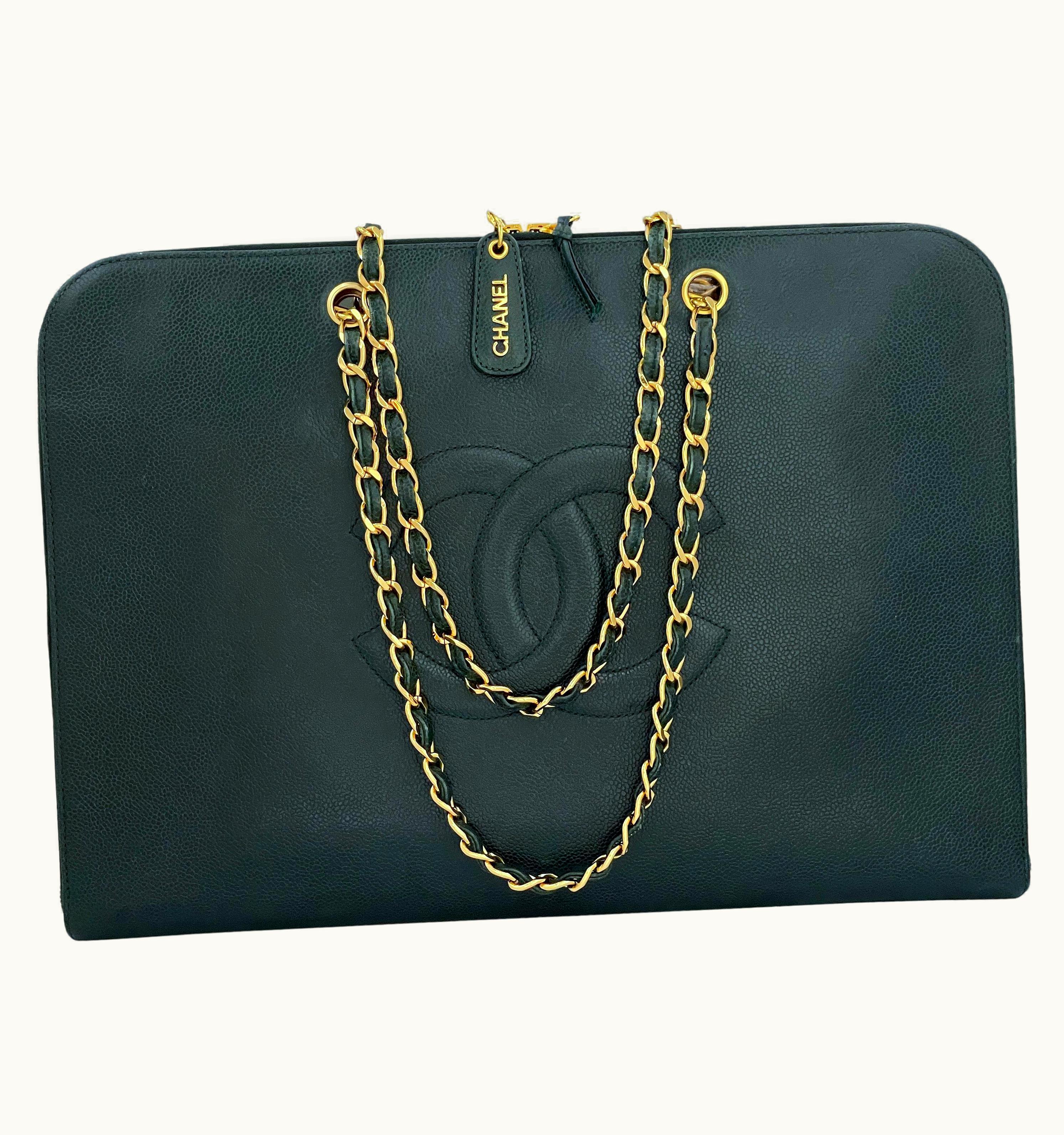 Chanel Chanel Vintage Dark Green Caviar Portfolio Laptop Work Tote Bag 24k Ghw