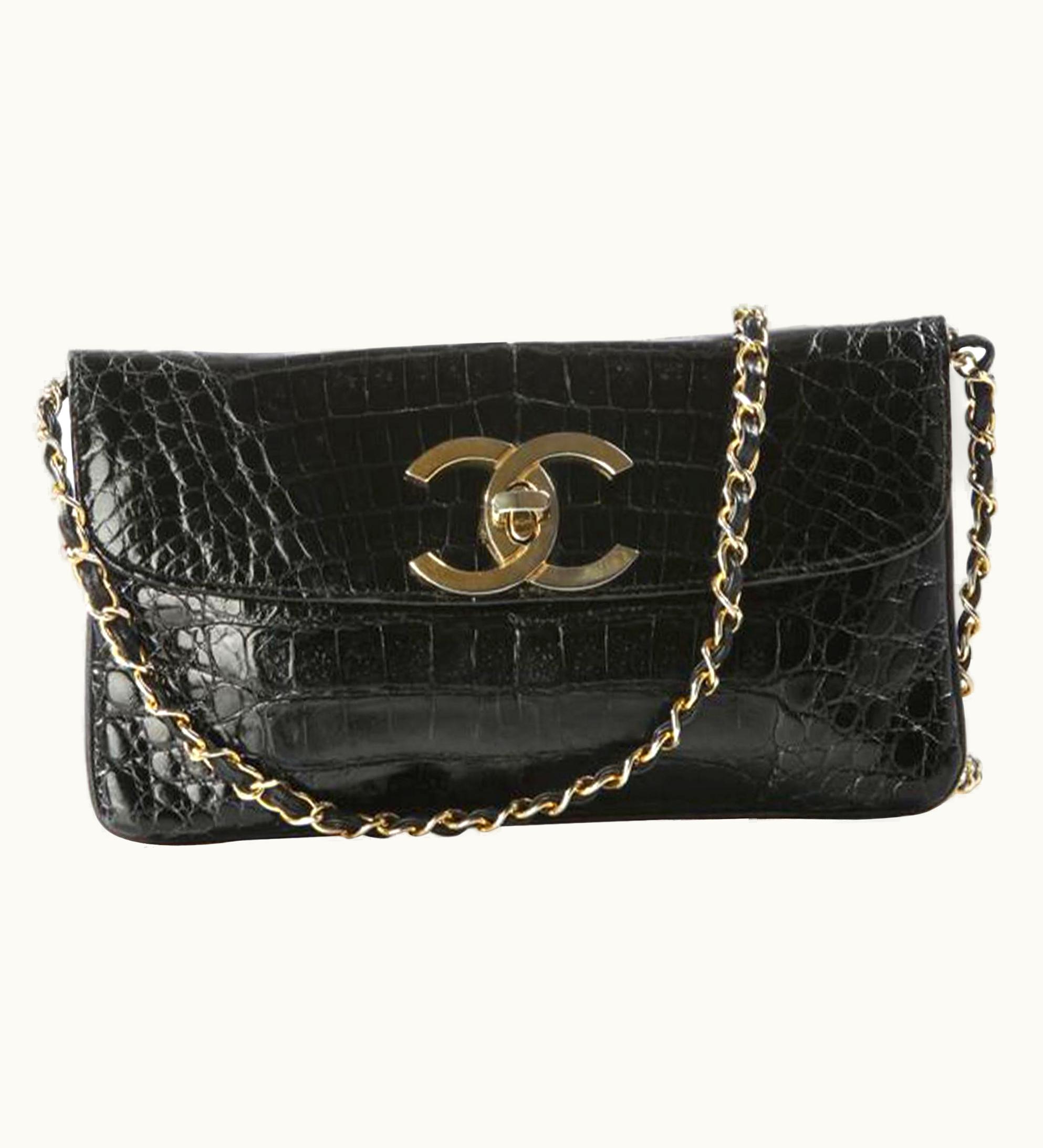 Chanel Chanel Classic Flap Giant Cc Shiny Vintage Rare Black Crocodile Skin Leather Bag UZ0591944