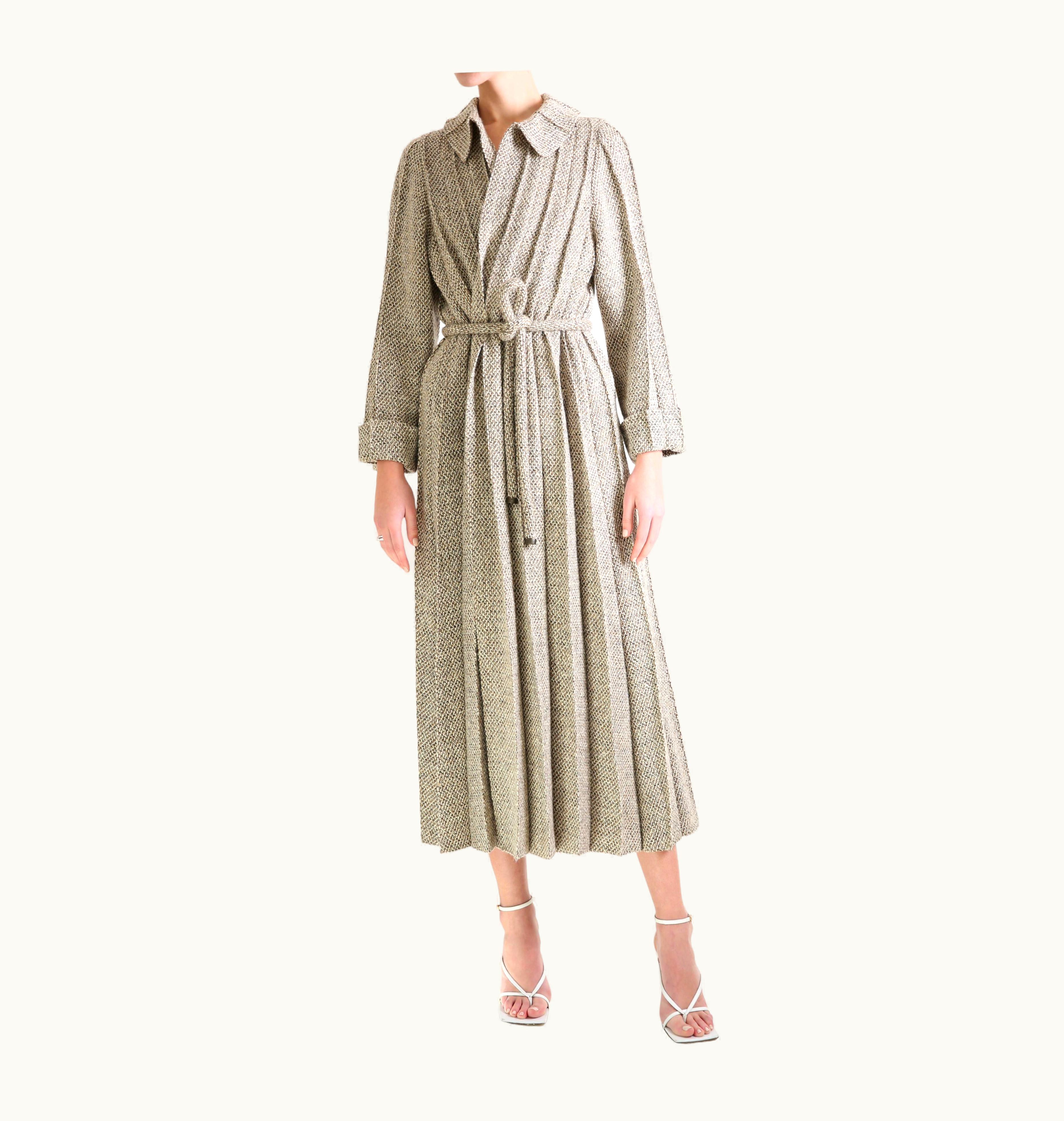 Chanel Chanel Fall 1998 Brown & White Tweed Wool Long Pleated Maxi Jacket Dress Coat