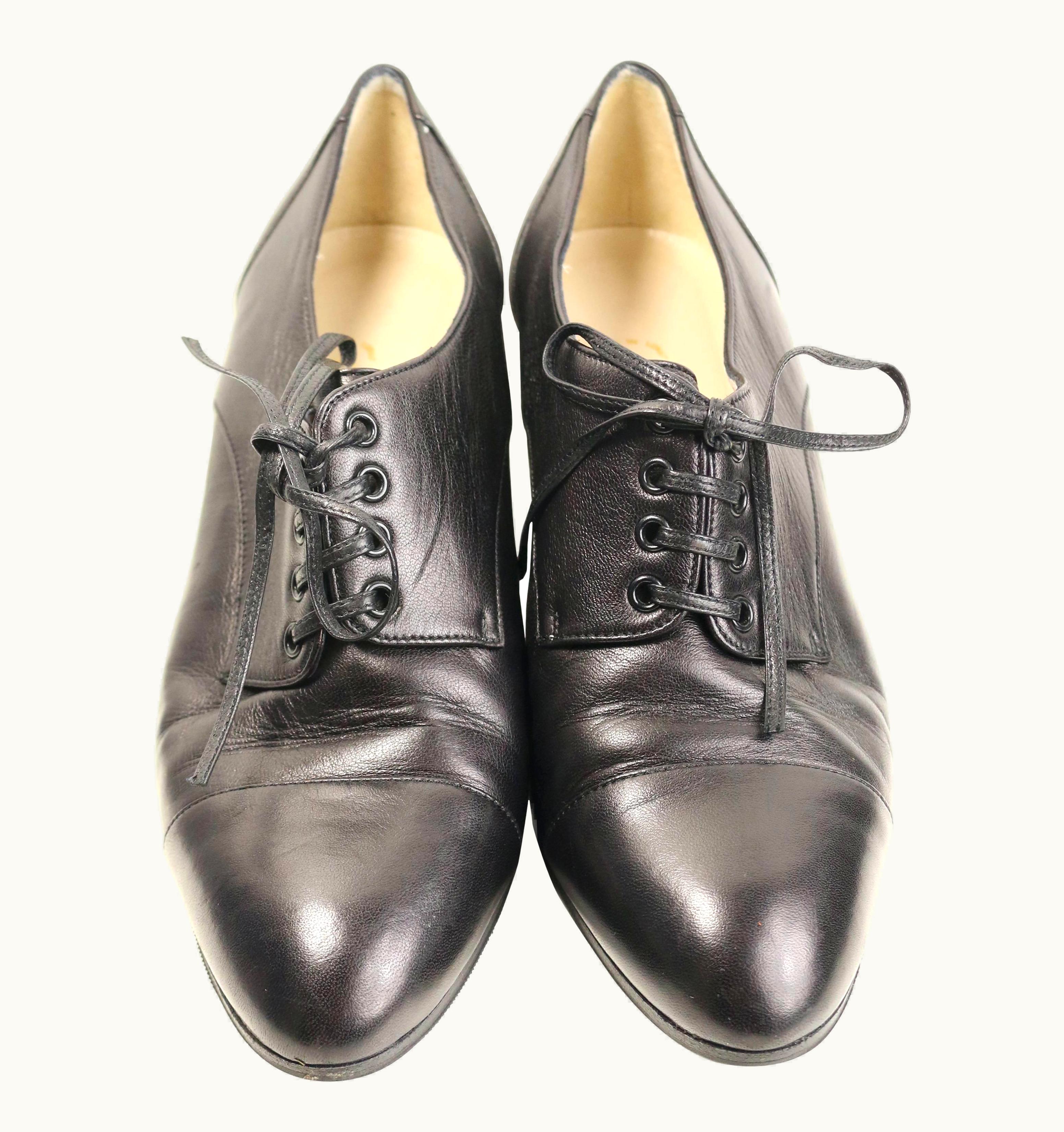 Chanel Vintage 90s Chanel Black Lambskin Leather Lace-Up Oxford Heels Shoes