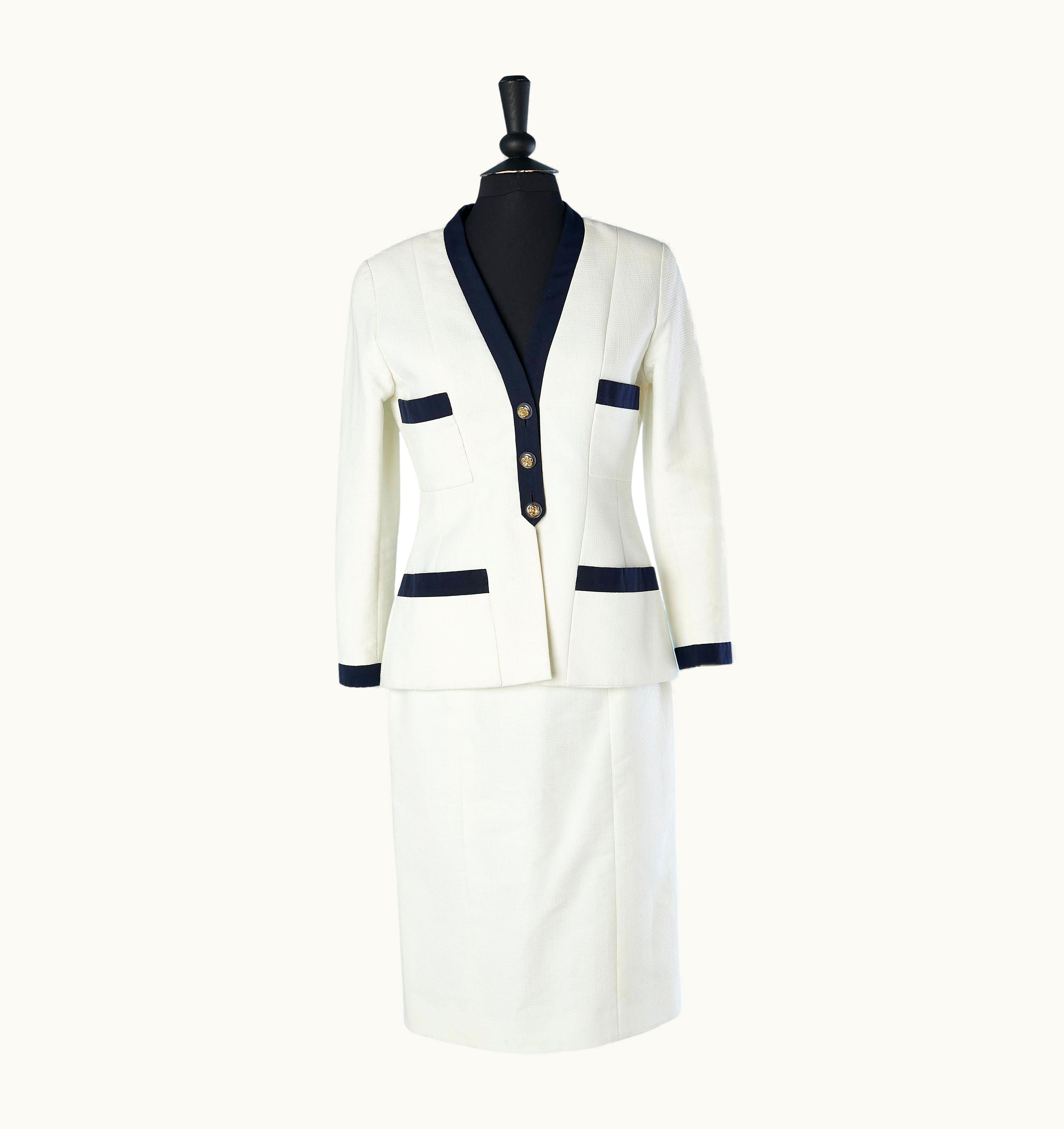 Chanel White Cotton Skirt-suit With Navy Gros-grain Piping And Camellia' Button Chanel