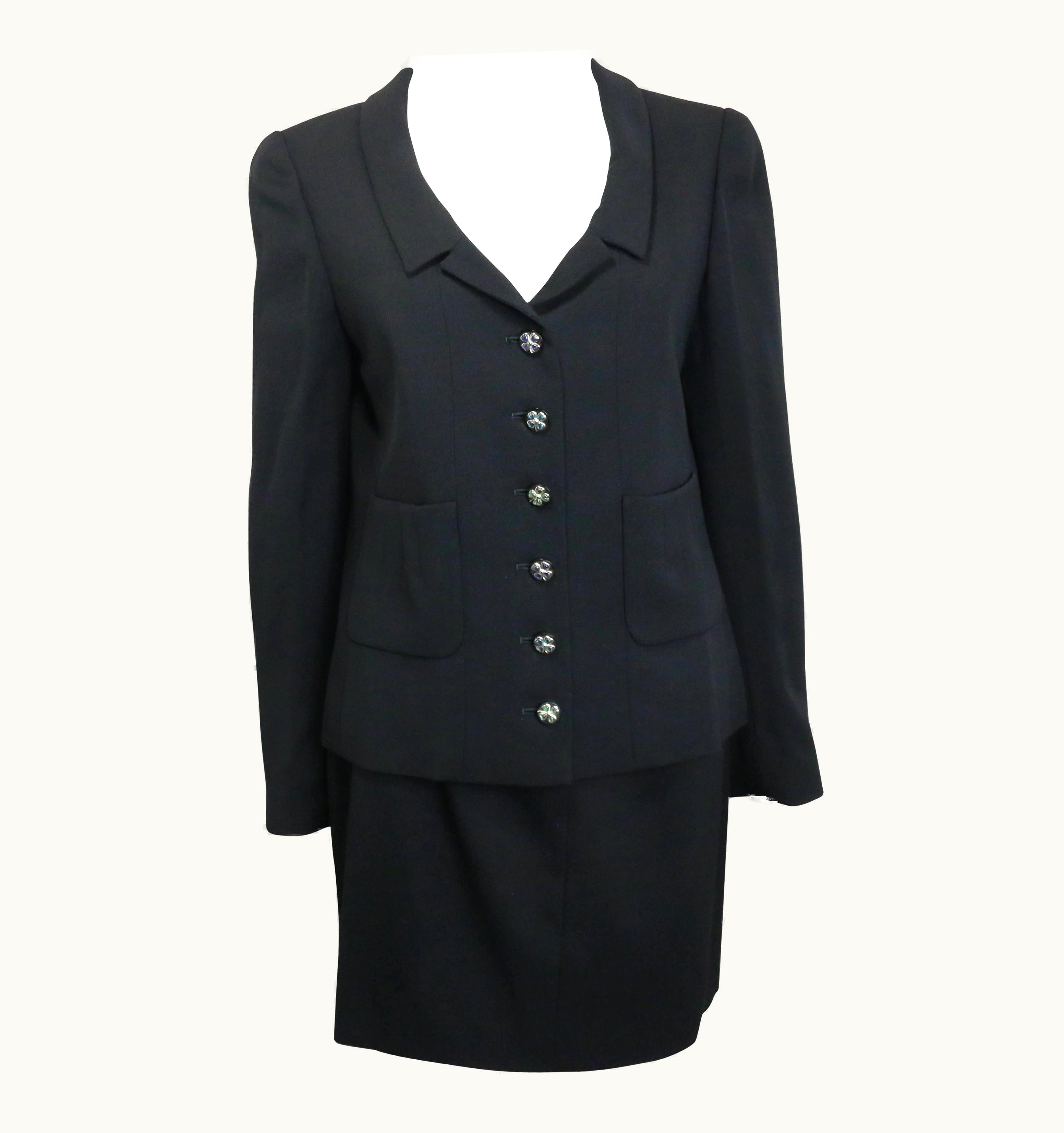 Chanel 90s Chanel Little Black Jacket And Skirt Suit With Gripoix Clover Buttons