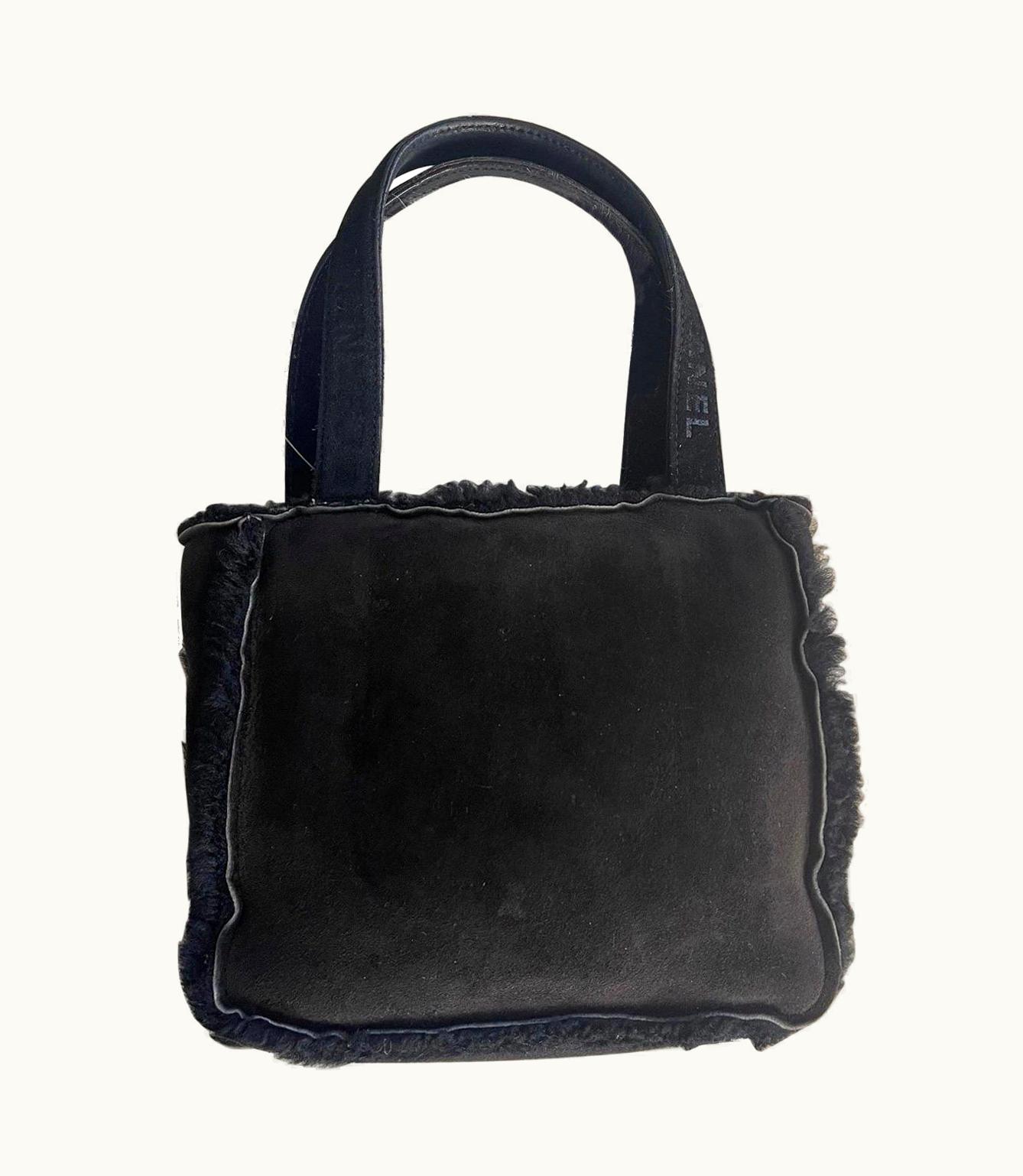 Chanel Vintage 90s Chanel Suede With Fur Trim Handbag Top Handle Satchel Flap Bag Purse
