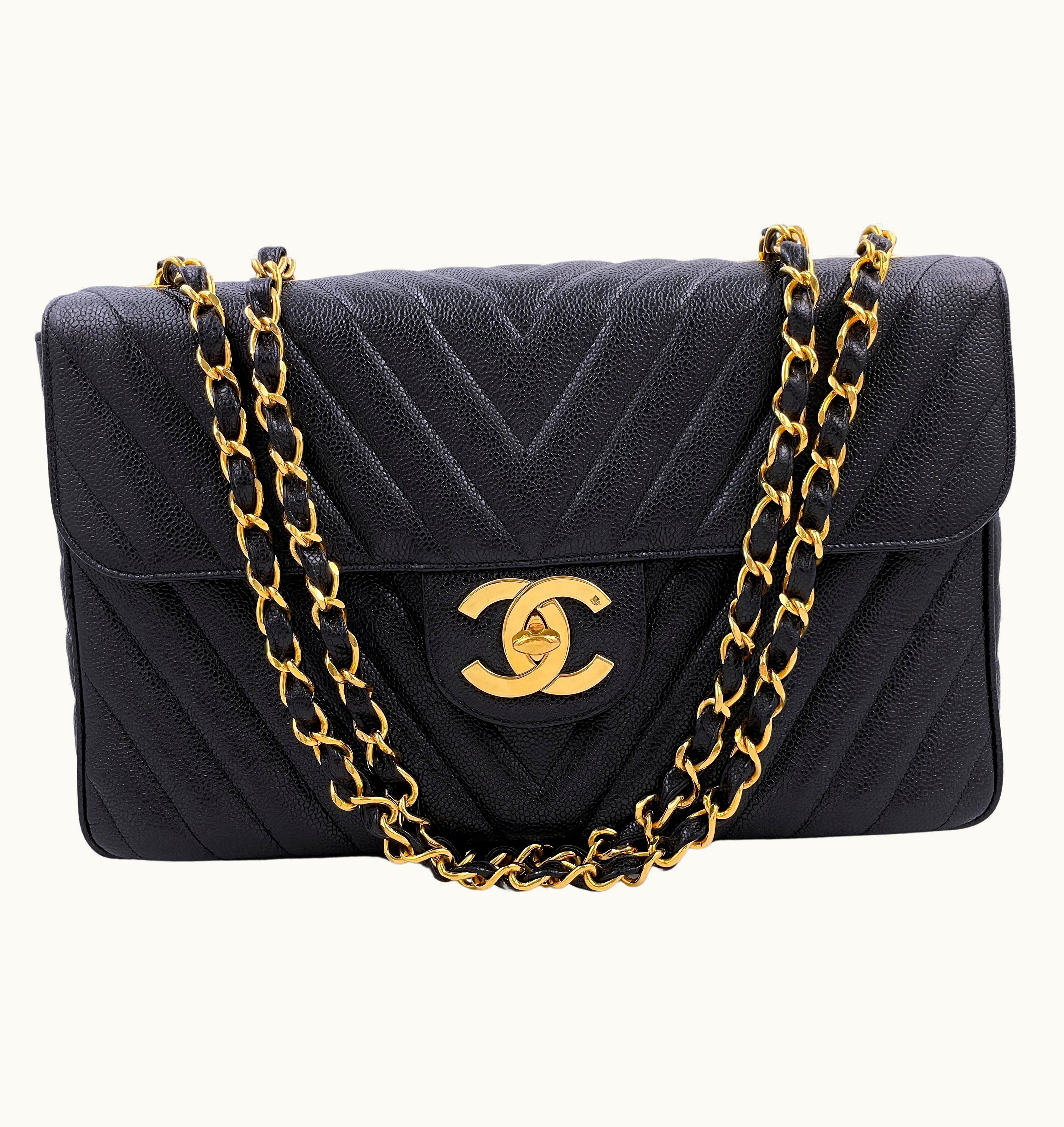 Chanel Chanel 1994 Vintage Black Caviar Chevron Maxi Xl Classic Flap Bag 24k Ghw