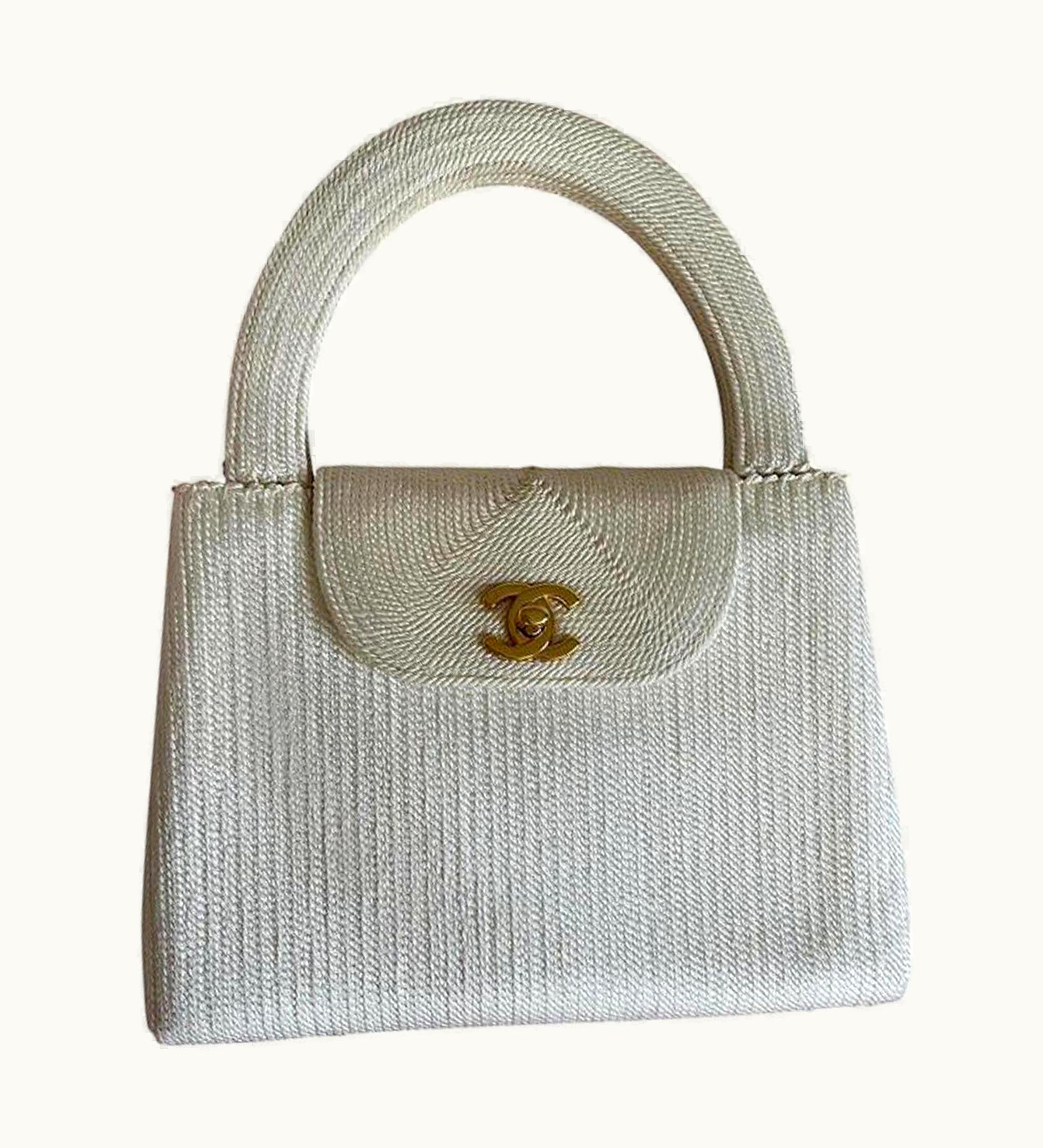 Chanel Chanel Flap Bag With Woven Silk Vintage Top Handle Off White Beige Raffia Tote