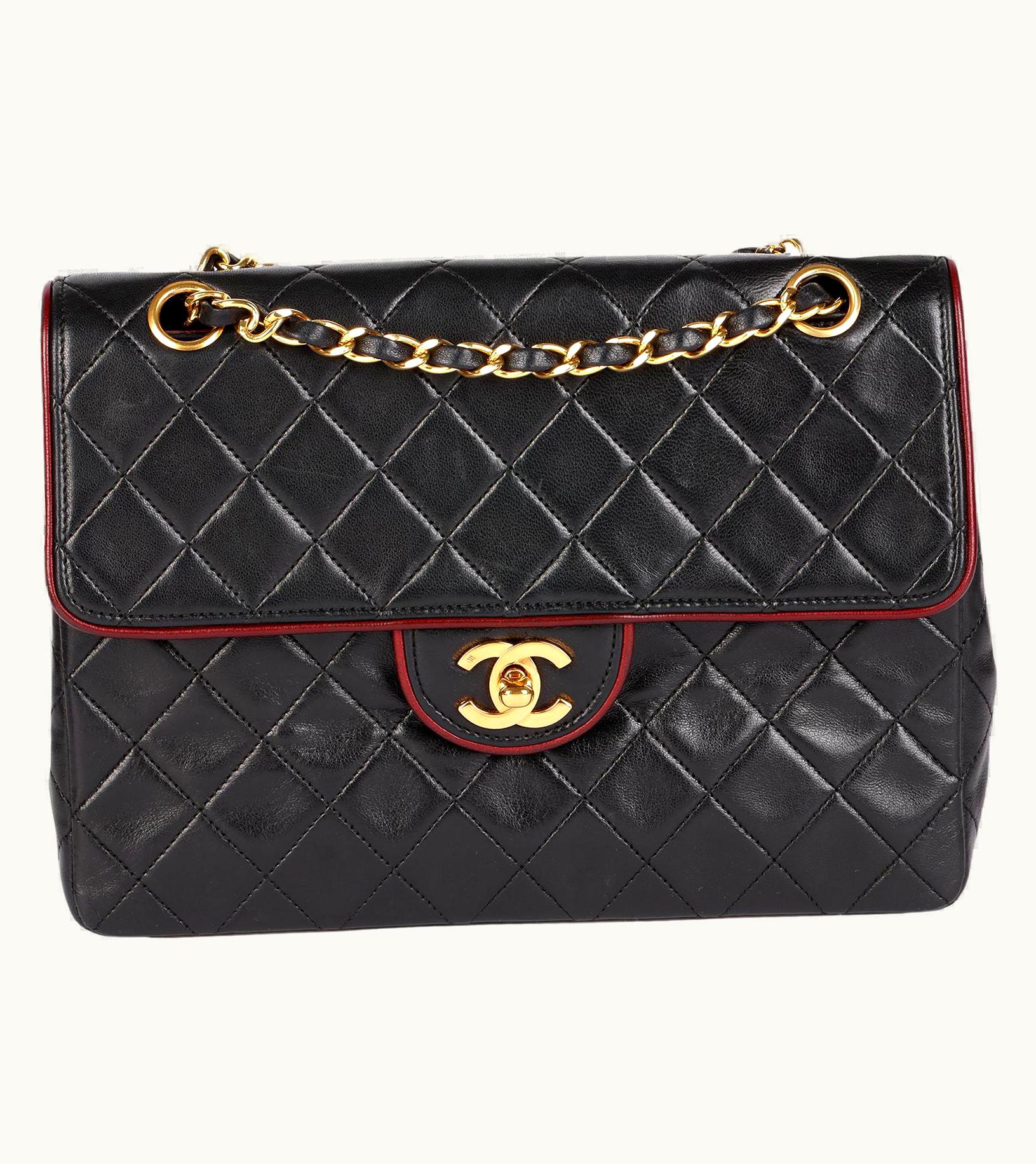 Chanel Chanel Black Quilted Lambskin Vintage Medium Classic Single Flap Bag With Red Tr