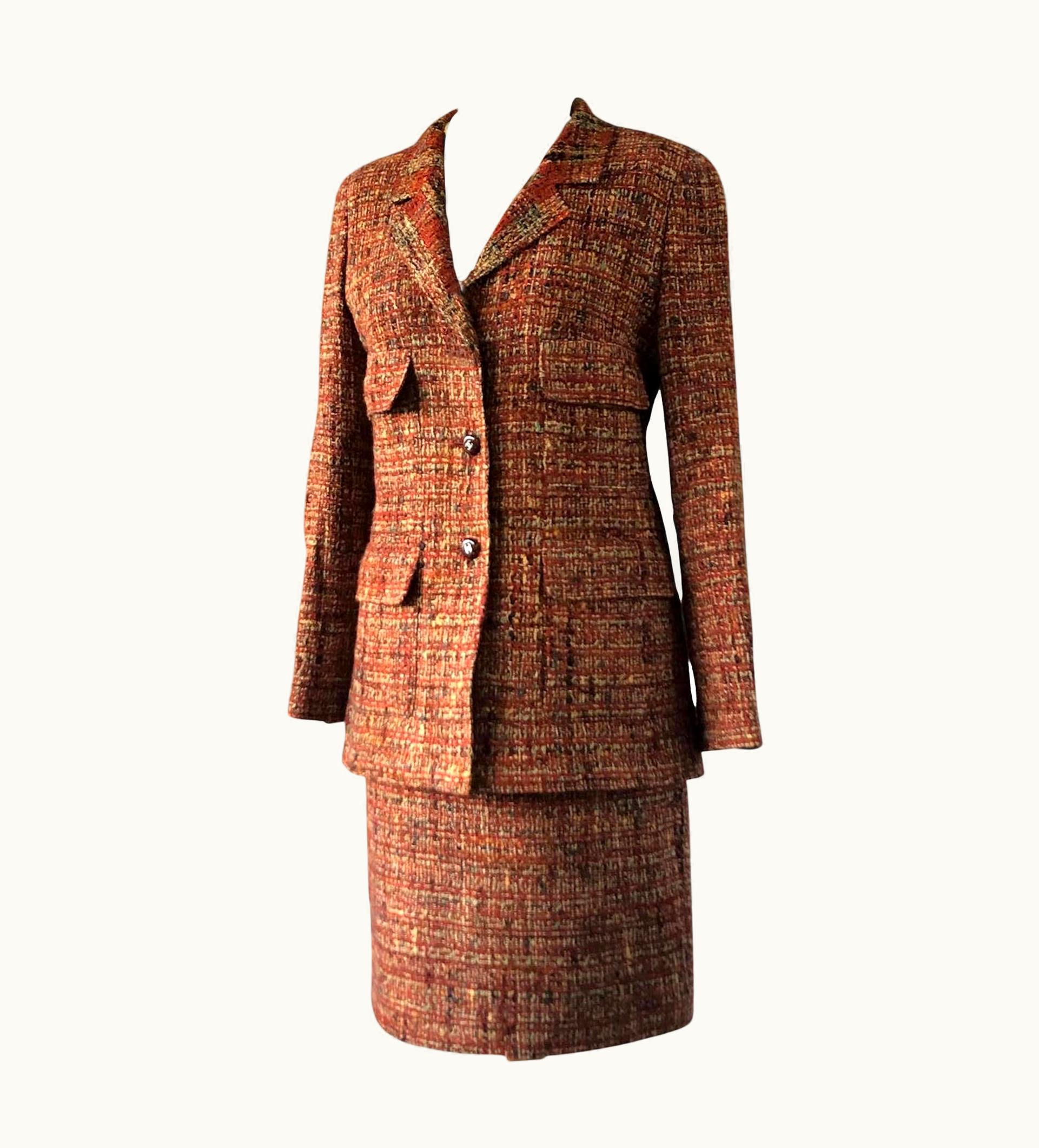 Chanel Chanel 1998 Orange & Beige Wool Tweed Vintage Skirt Suit Bouclé Cc Buttons