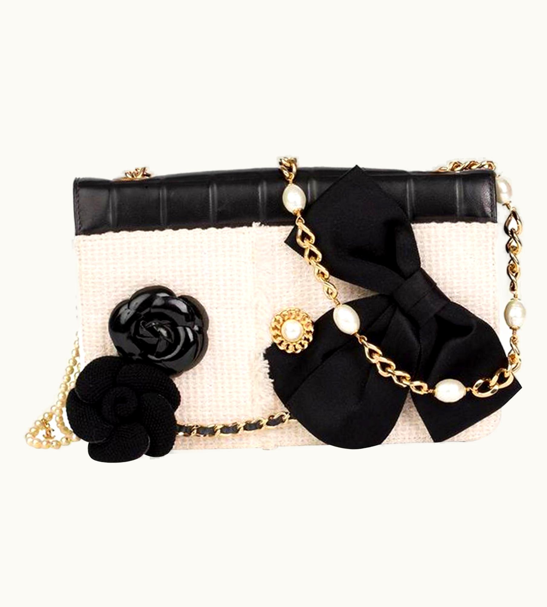 Chanel Chanel Chain Rare Vintage 90' Freshwater Pearl Black White Tweed Lambskin Bag
