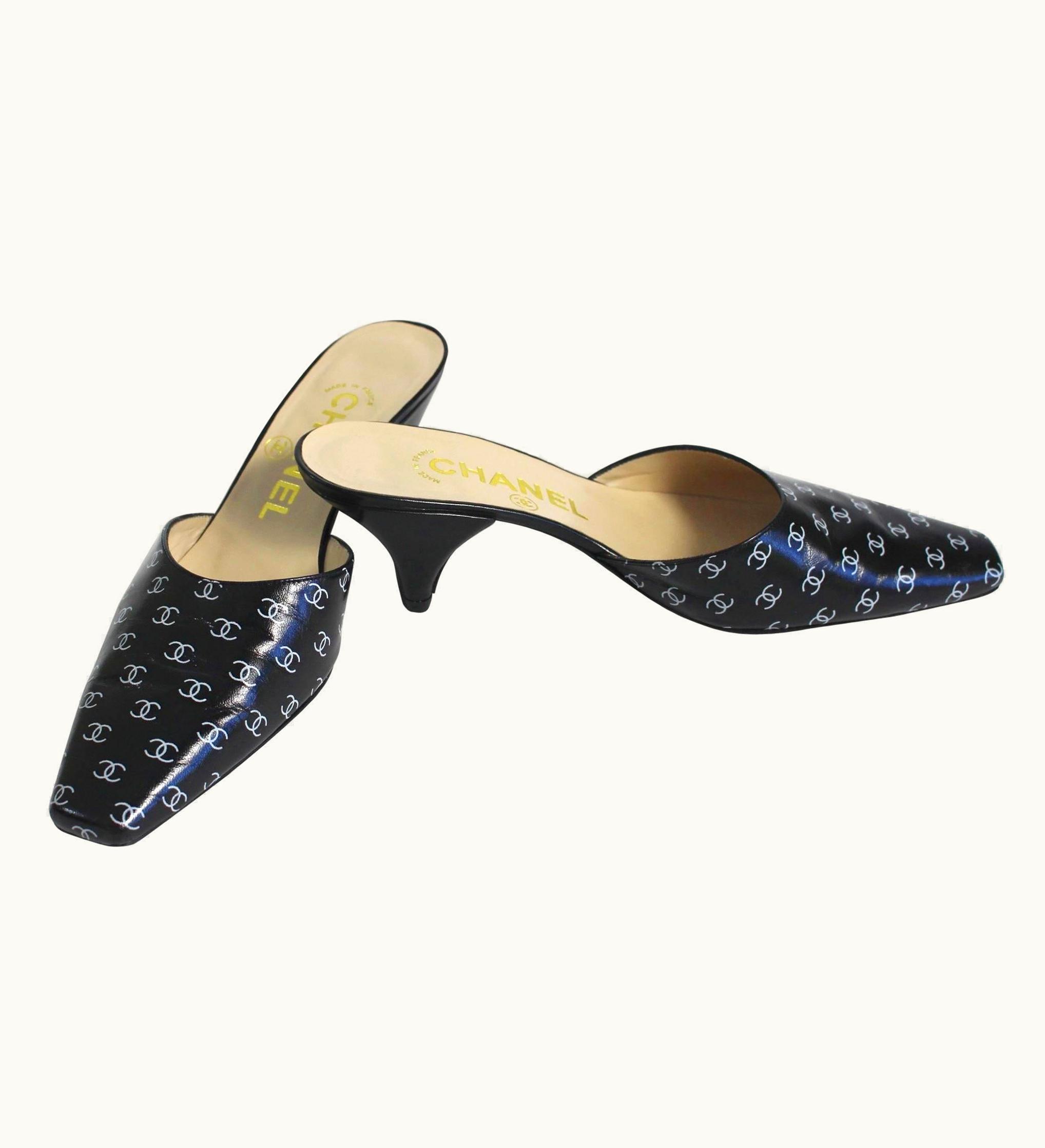 Chanel 1990s Chanel Black And White Leather Logo Mules Heels Shoes S/S