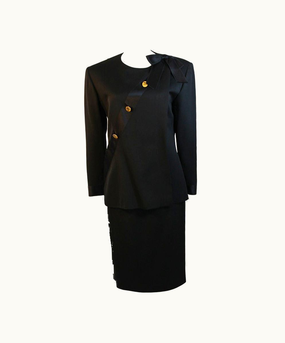 Chanel 1990s Chanel Black Wool With Silk Ribbon Sash & Bow Jacket & Skirt Suit