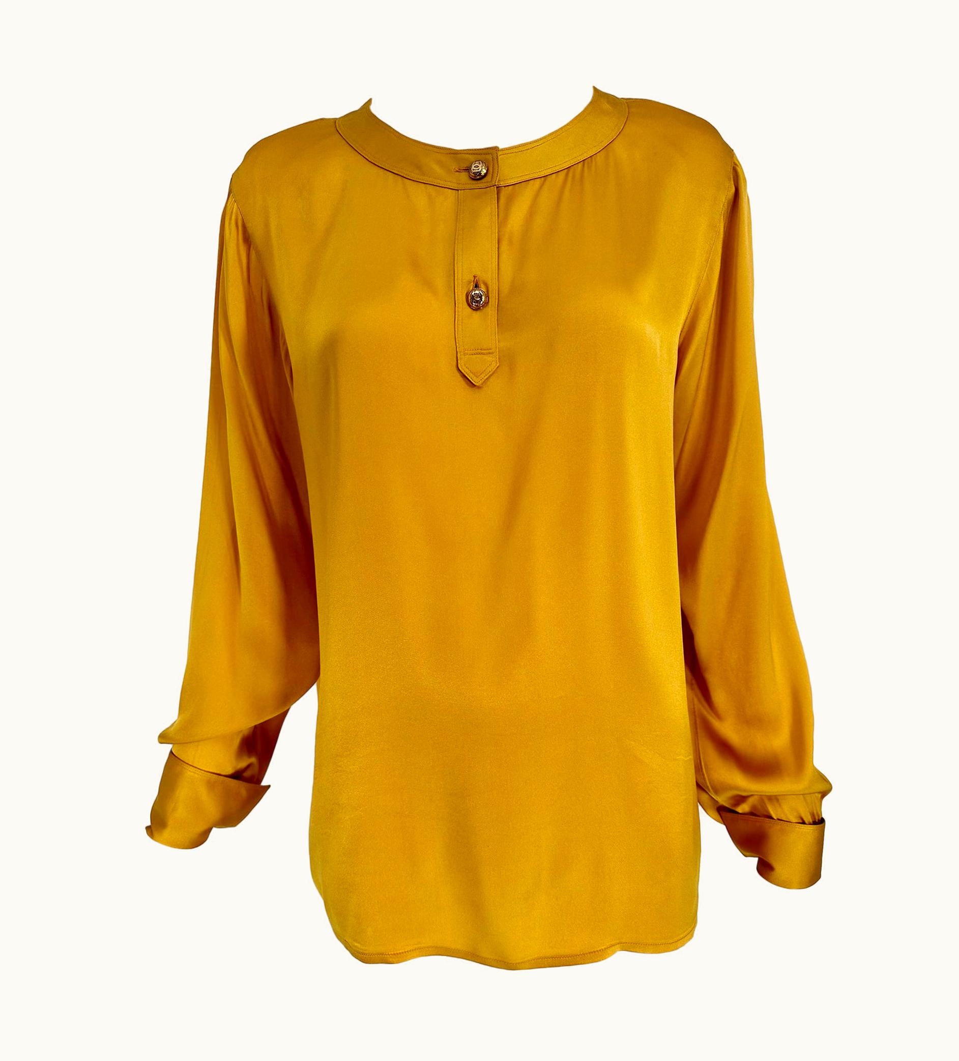 Chanel Chanel Gold Silk Satin Flat Band Collar Long Sleeve Blouse