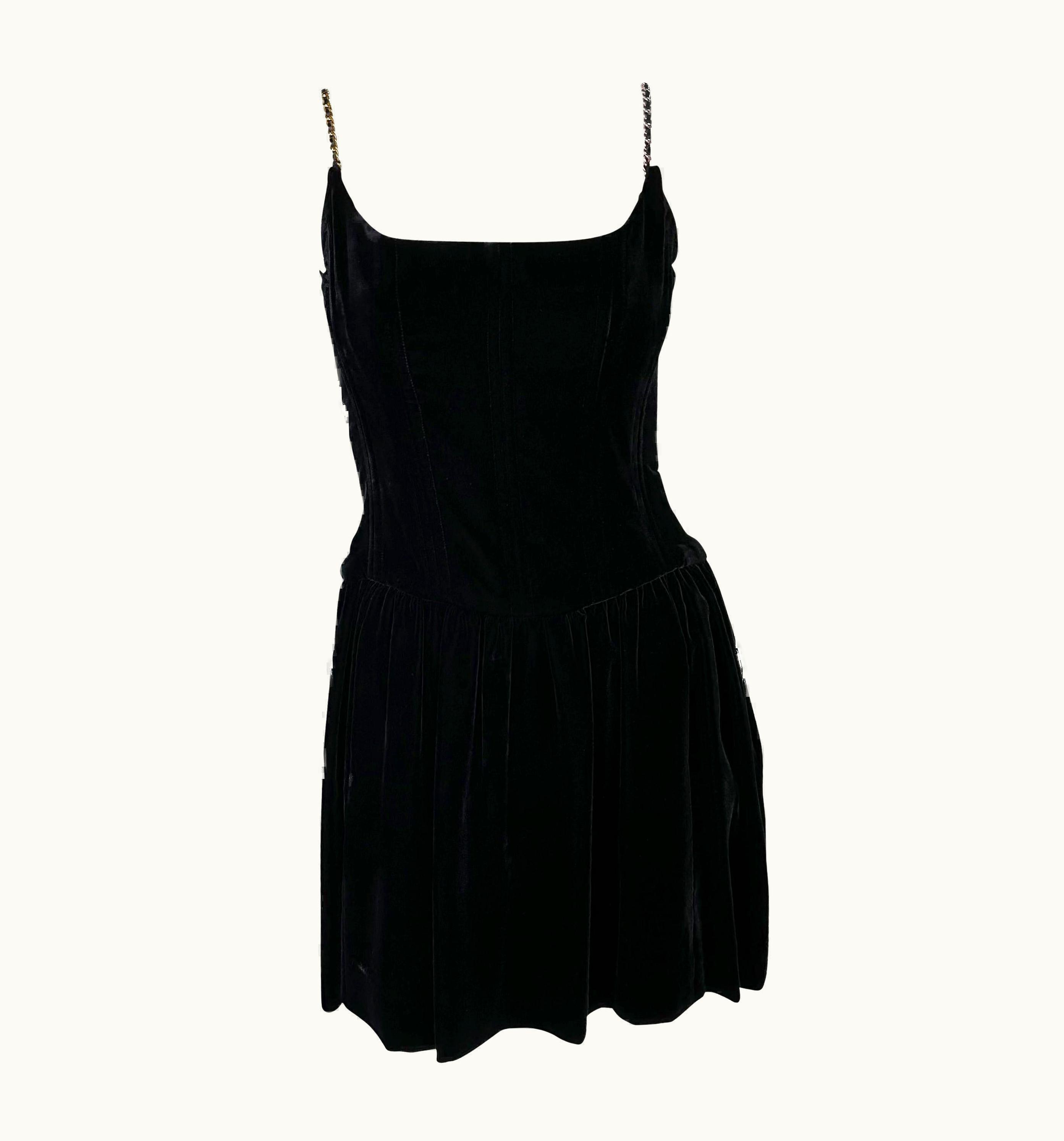 Chanel AW 1993 Chanel By Karl Lagerfeld Runway Velvet Boned Corset Gold Chain Dress