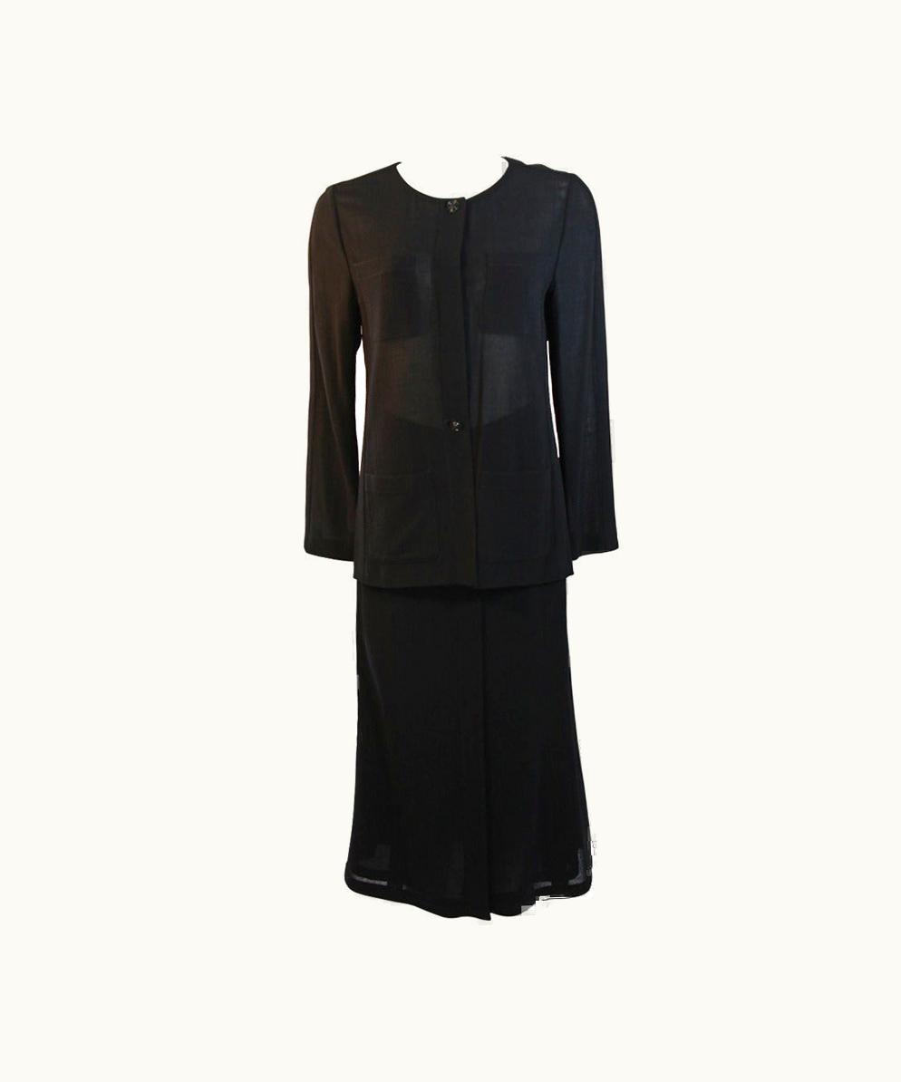 Chanel 1999 Chanel Sheer Black Wool 4 Pocket Jacket & Wool Silk Lined Skirt