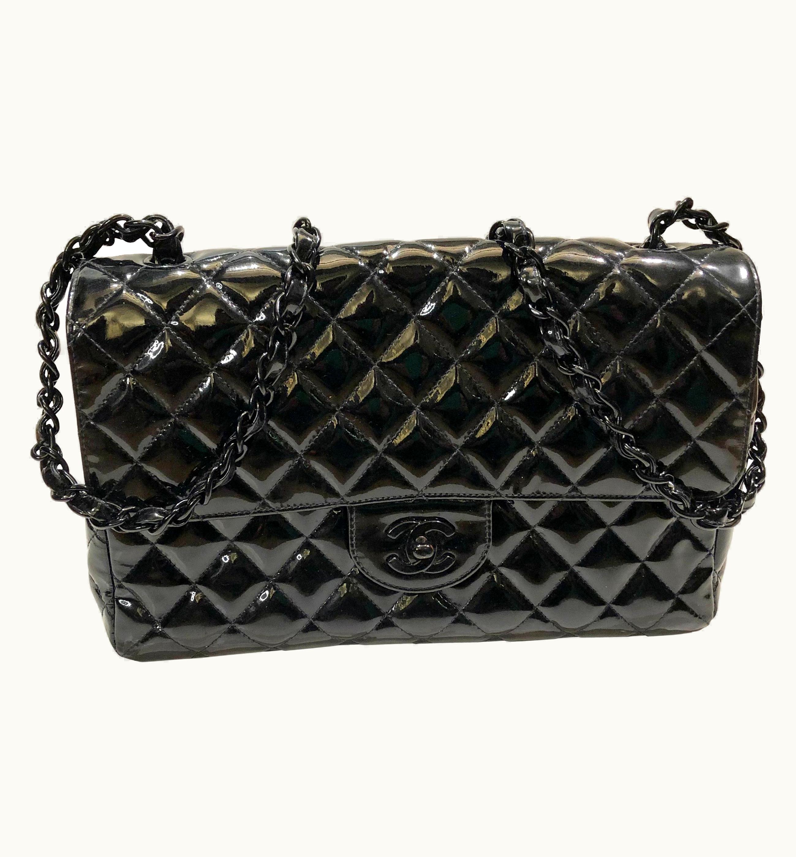 Chanel Vintage 90s Chanel Black Patent Leather Shoulder Flap Bag