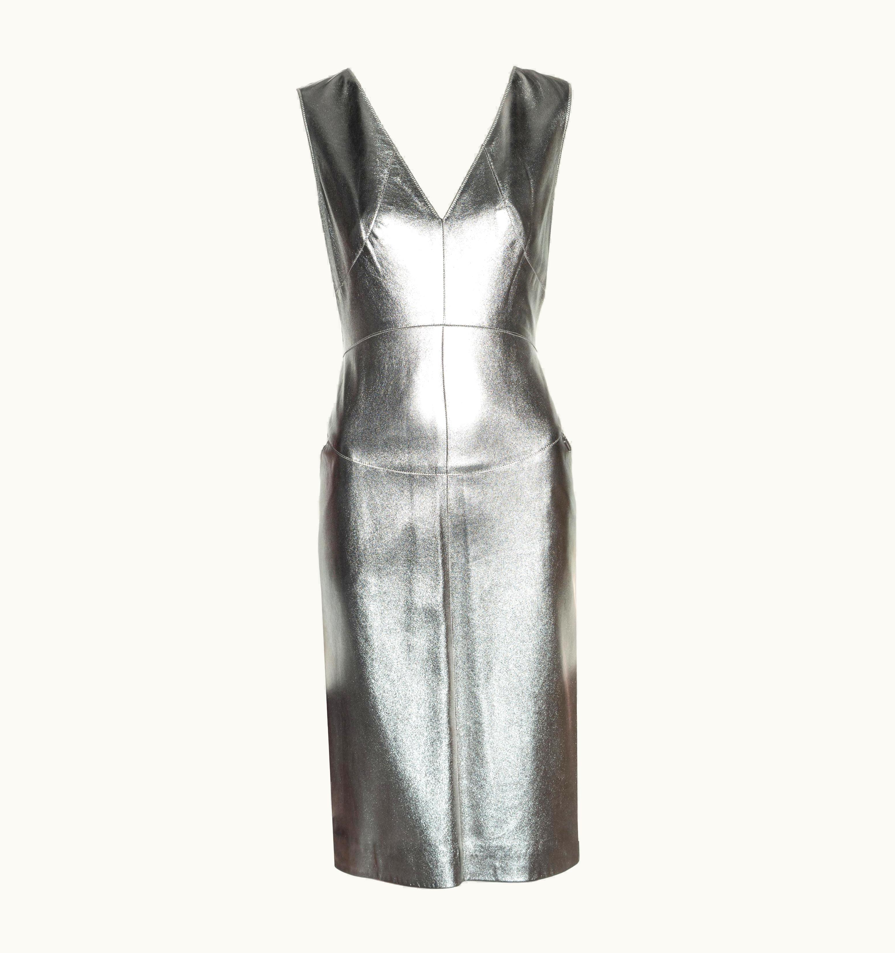 Chanel Chanel By Karl Lagerfeld Metallic Silver Leather Sheath Dress, AW 1999