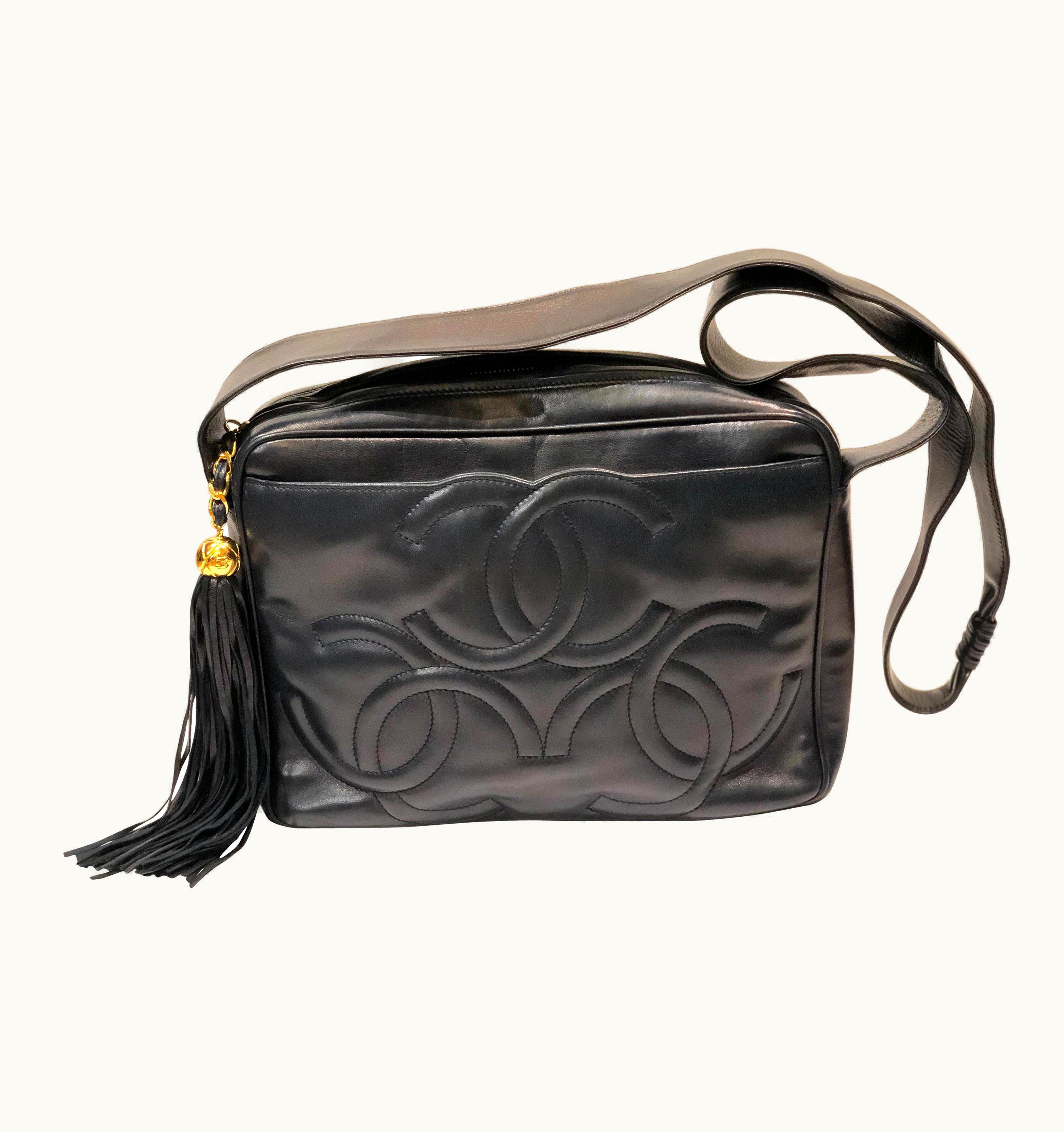 Chanel Vintage Chanel 28cm Navy Lambskin Triple Cc Camera Shoulder Bag