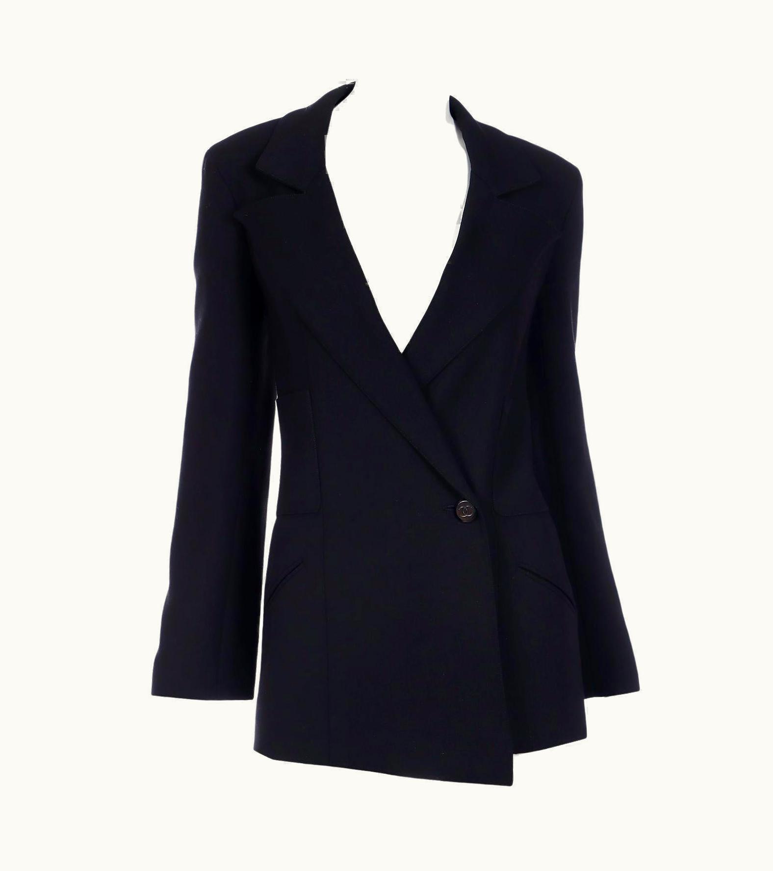 Chanel AW 1998 Chanel Vintage Black Wool Blazer Jacket W Cc Button & Silk Cc Lining