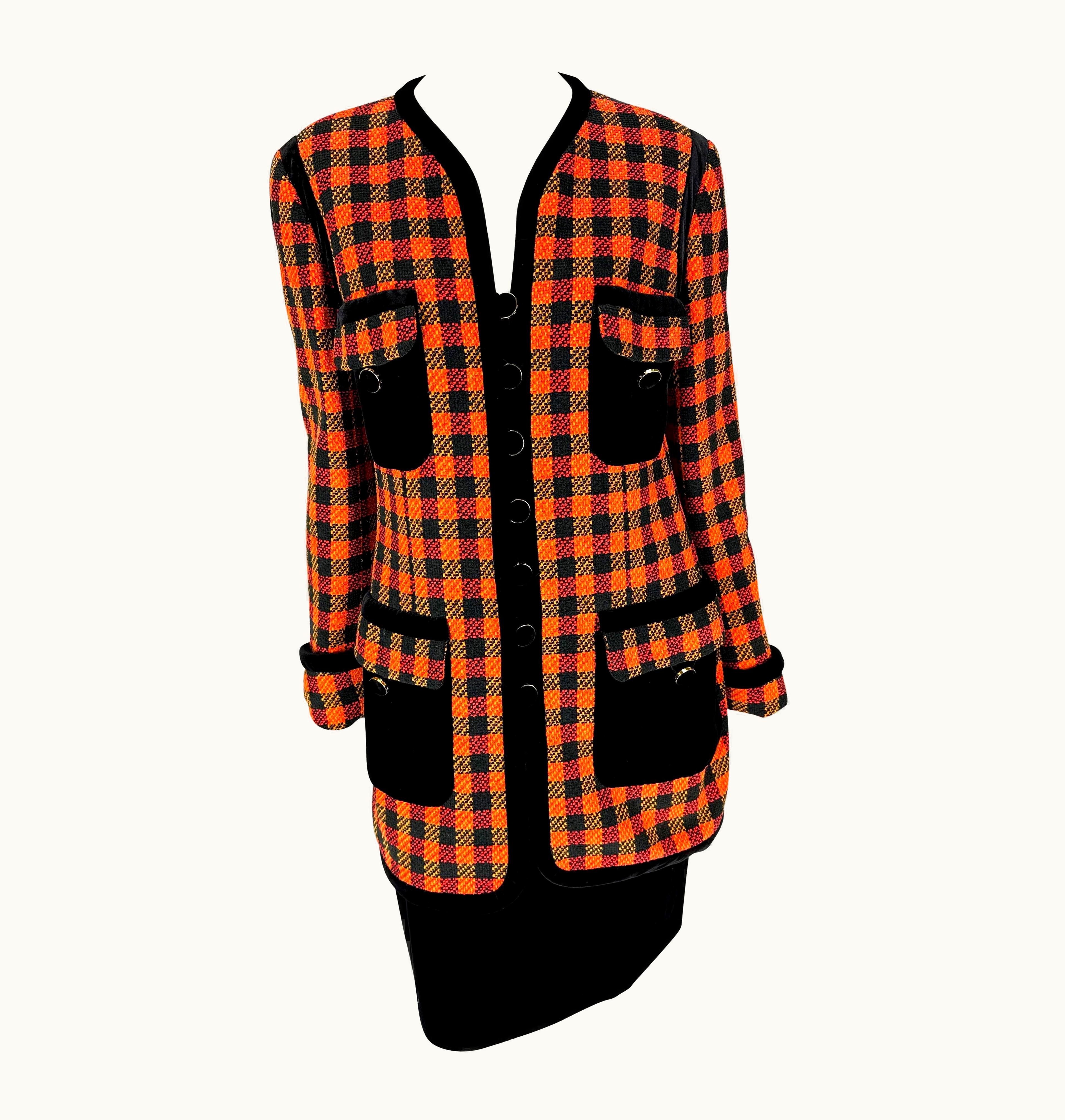 Chanel AW 1991 Chanel By Karl Lagerfeld Orange Black Tweed Velvet Skirt Suit