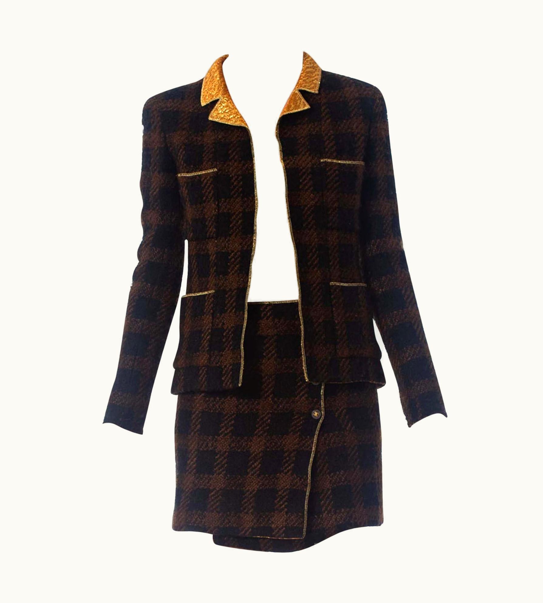 Chanel 1990s Chanel Black & Brown With Gold Lamé Wool Mini Skirt Suit Lined In Silk