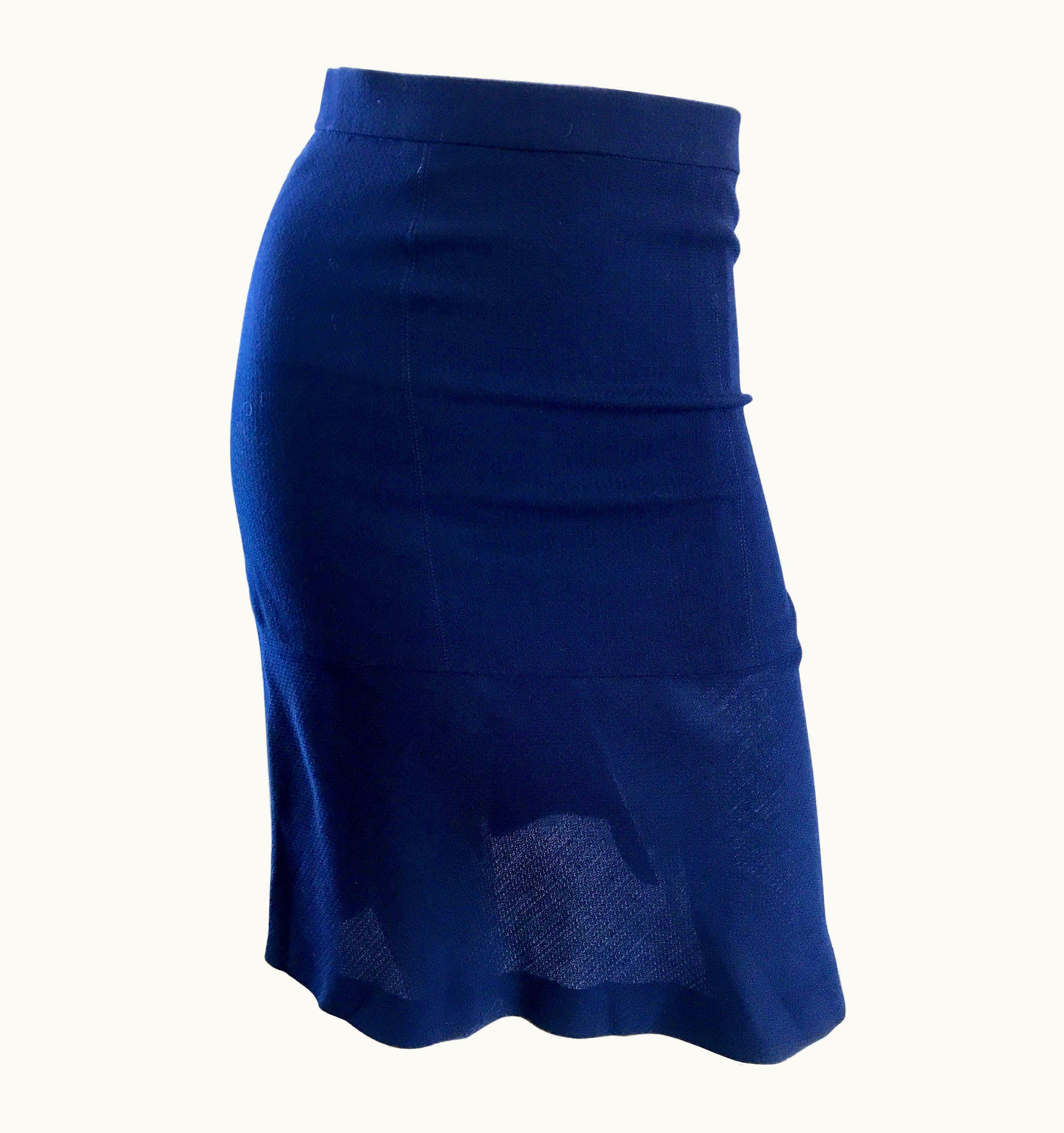 Chanel Vintage Chanel 1990s Navy Blue Flounce Hem Virgin Wool High Waisted 90s Skirt